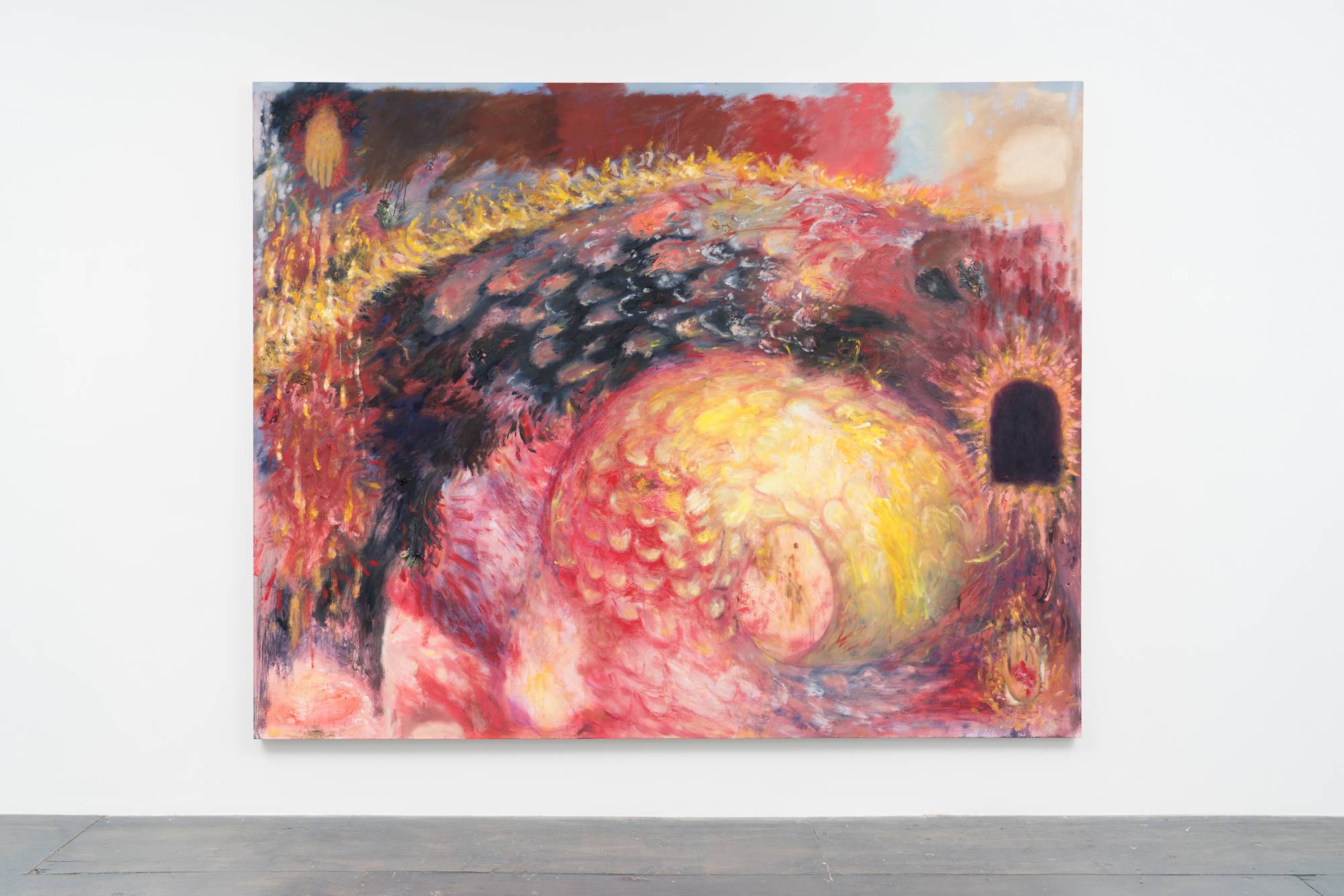 A large, abstract oil painting of a coiled dragon in hues of gold, crimson, and navy hangs on the white wall of a gallery above a grey floor.