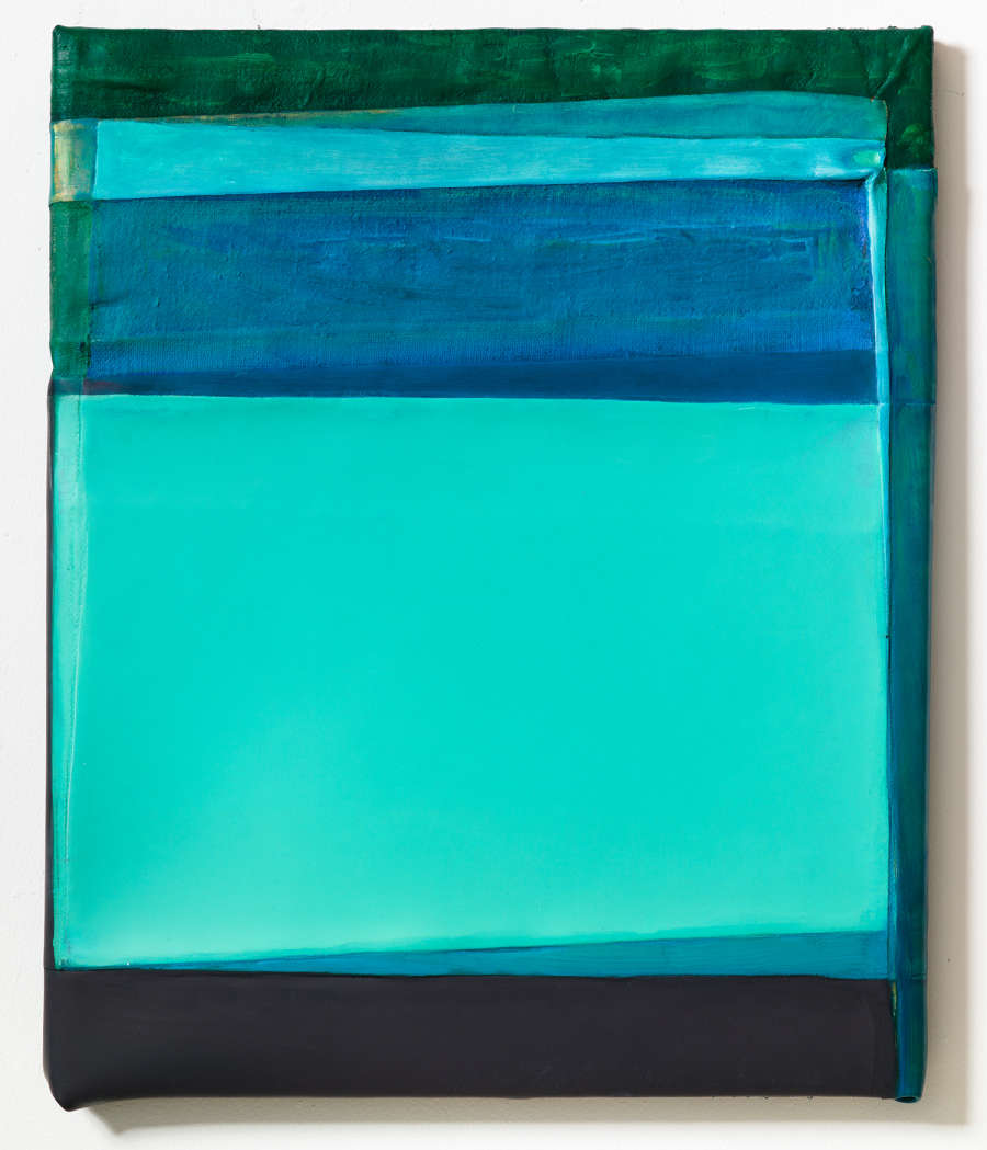 An abstract painting with several irregular blocks of isolated colors in several shades of blue and green. The paint is thick and rough. 