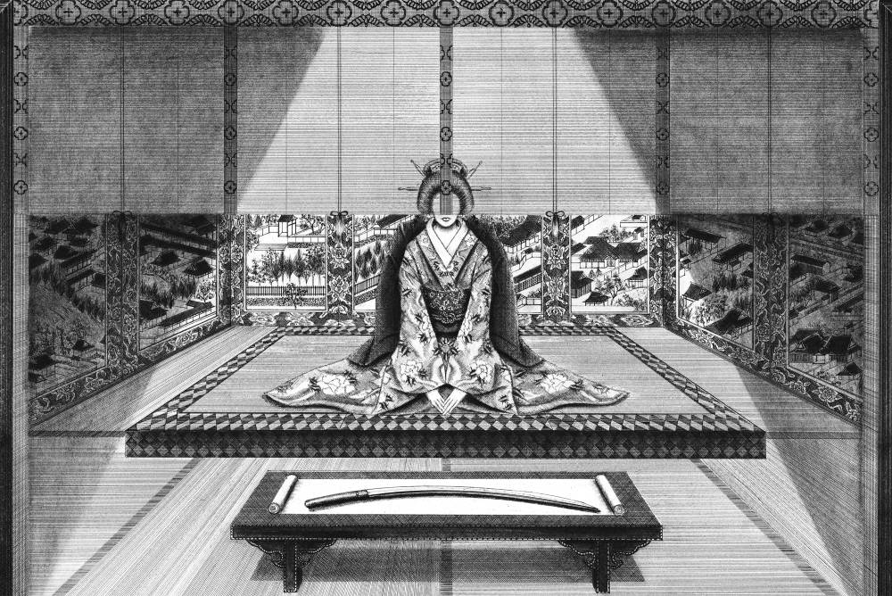 Image of a geisha behind a shade, with a katana sword placed in front, rendered in pen with crosshatching.