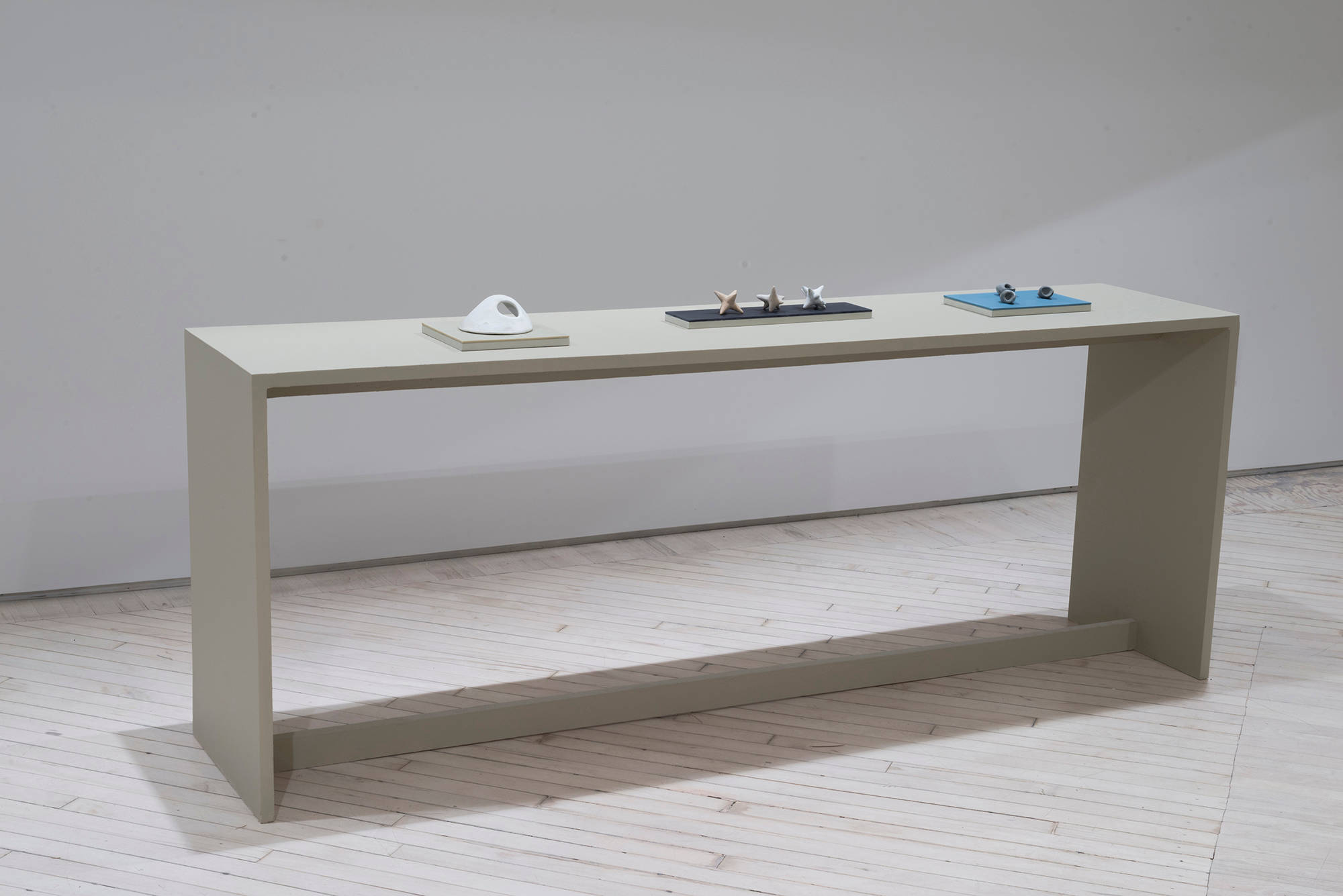 In a darkened gallery space, a green-tinted table. Resting on top of the table are three small plinths housing various miniature sculptural objects. The objects resemble bone forms or other organic materials.