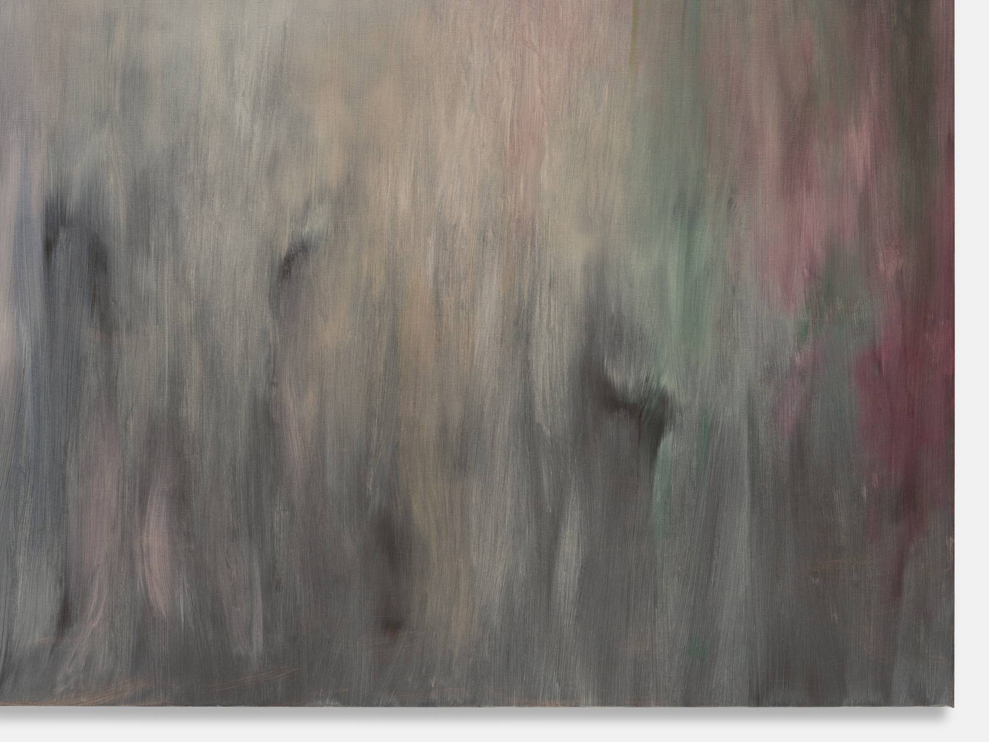 Detail of a square abstract painting with successive layers of white over a loosely applied umber underpainting. You can see the detail
in the brown layer through the paint. Purples, magentas, lapis lazuli, greens, yellows, all layer over or emphasize the monochrome under layers.