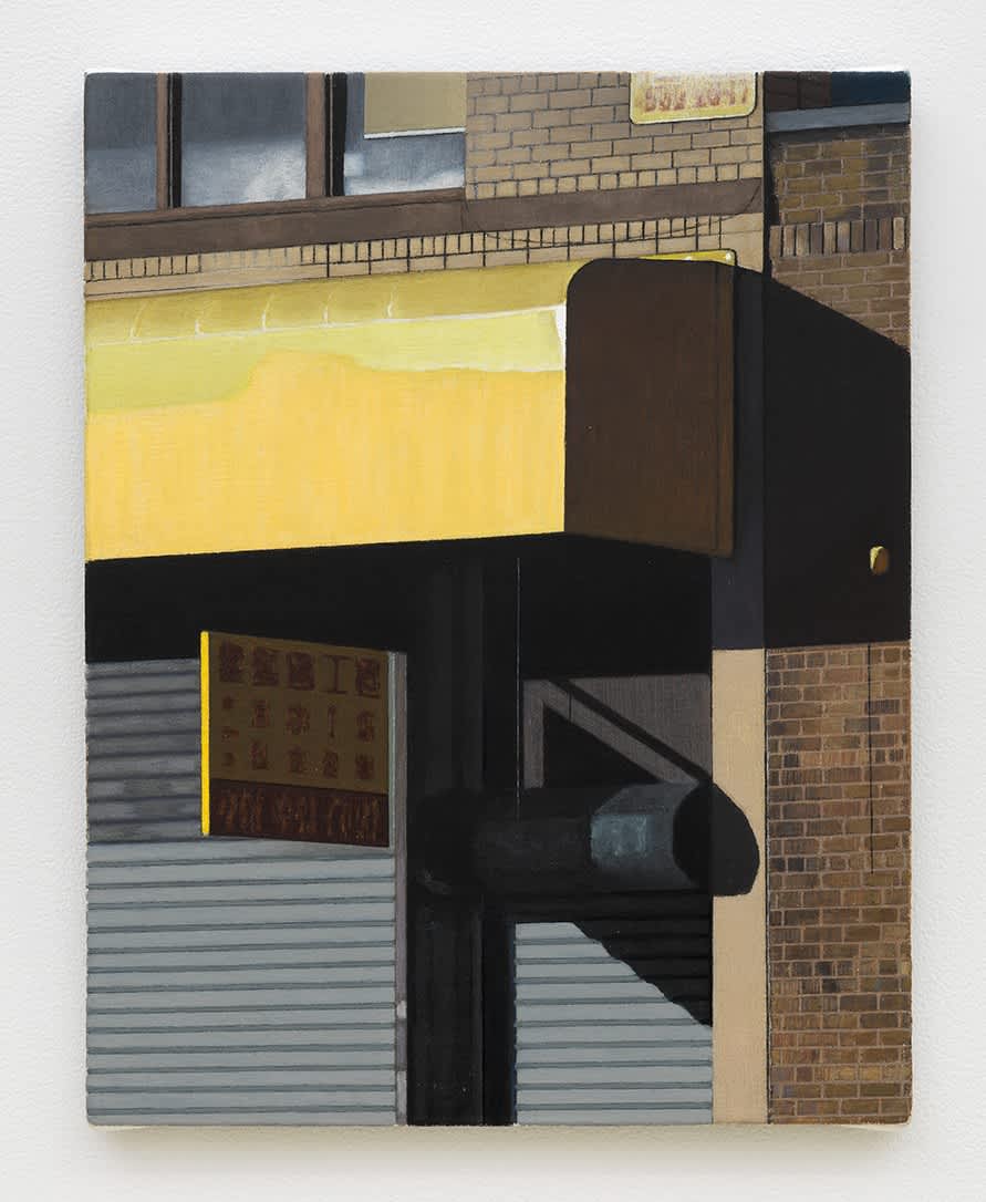 Oil on canvas painting depicting a yellow storefront awning with light raking across the surface, the roll gate is closed and the writing on the store's sign is obscured. 
