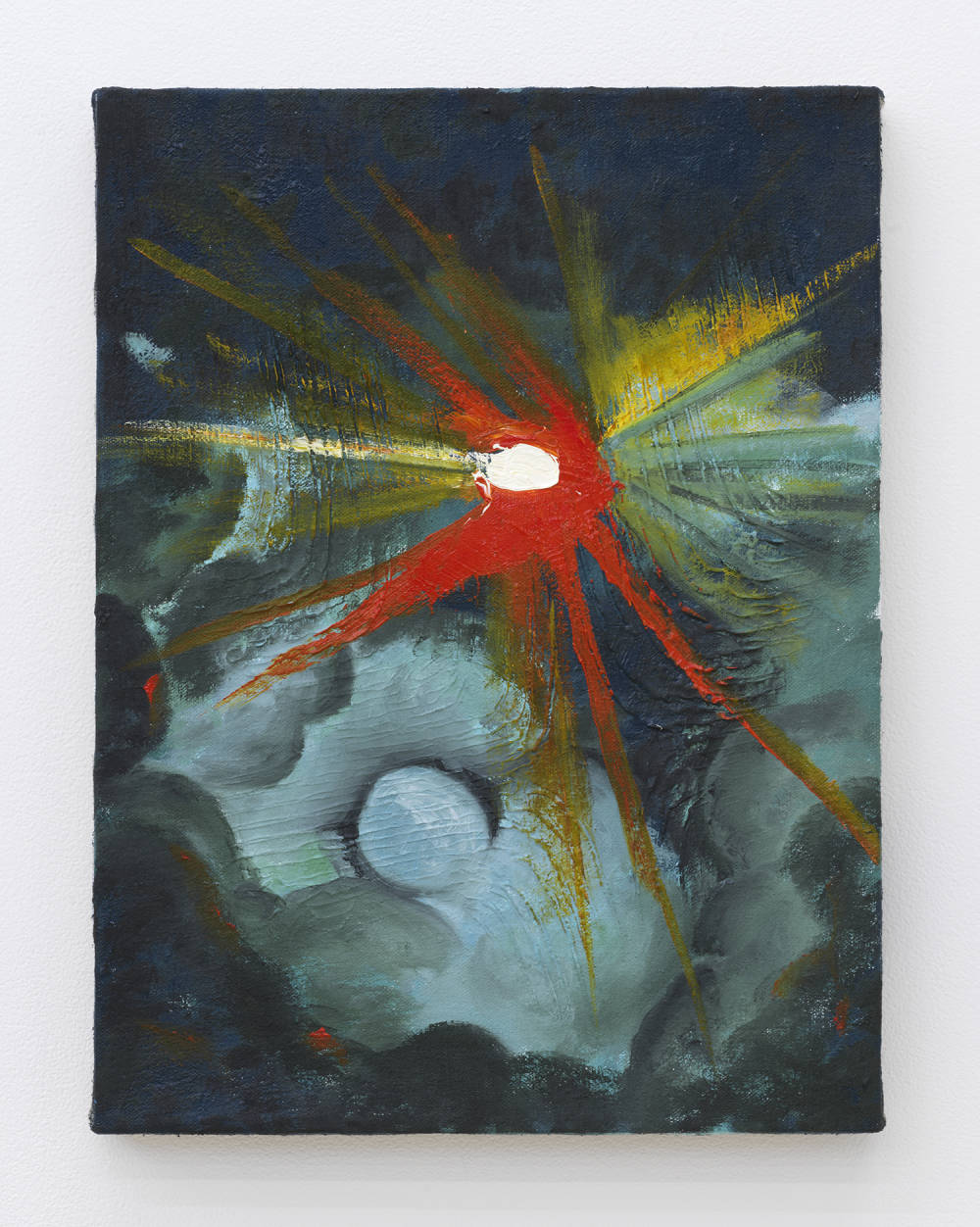A small painting depicting an abstracted star in a dark sky. The star has bright red rays surrounding it with clouds are rendered in a range of blues and greens. 