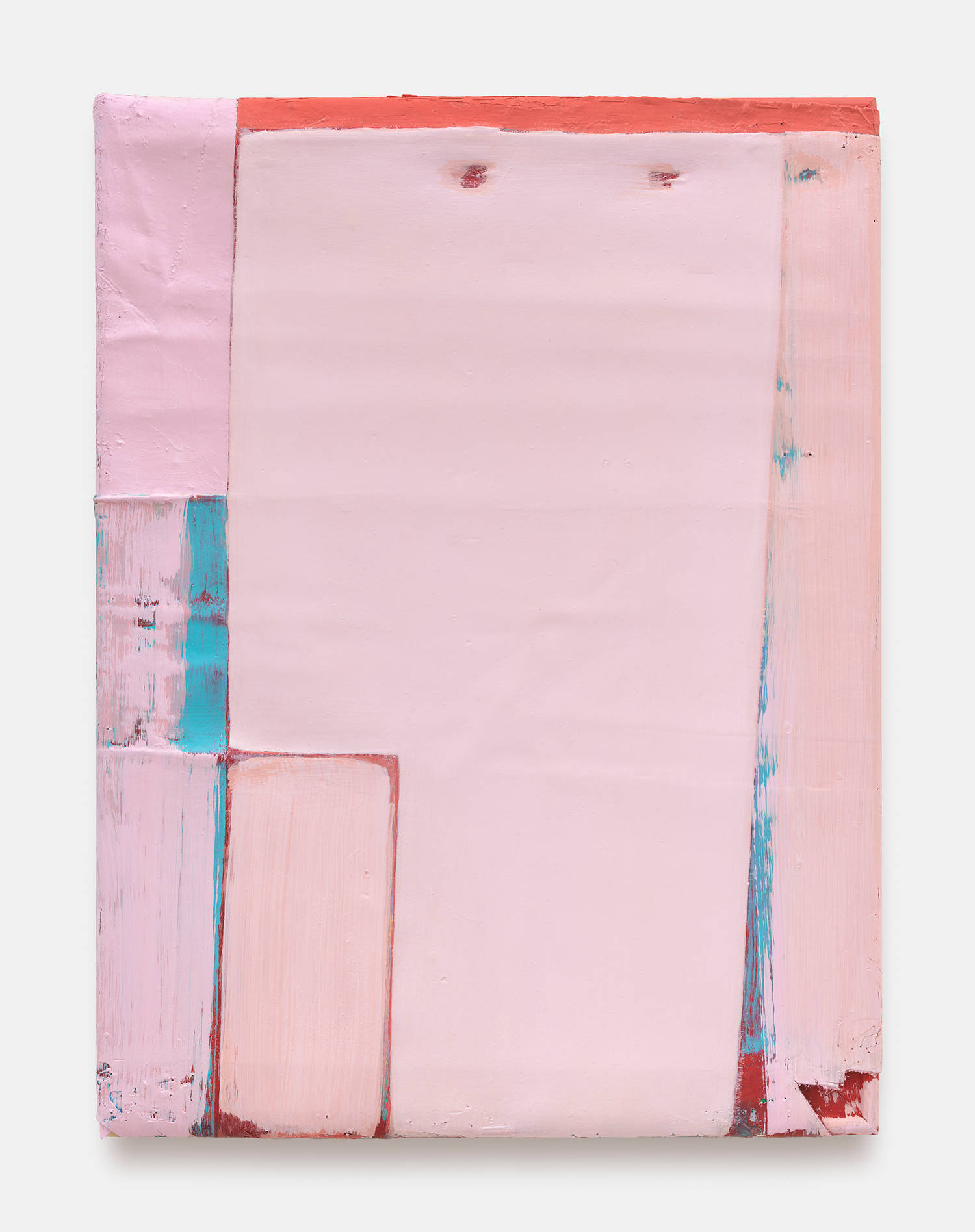 A small abstract painting on a white wall. The painting is a combination of discreet abstract shapes painted in bold colors. The outstanding colors are hues of pink, red, and blue. The paint is thick and brushy and the canvas is rough with creases.