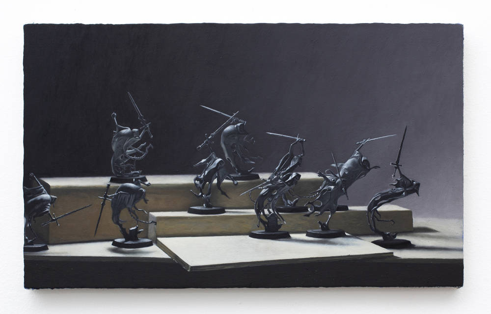 painting by Ian Miyamura depicting several Warhammer figurines in a fight or battle