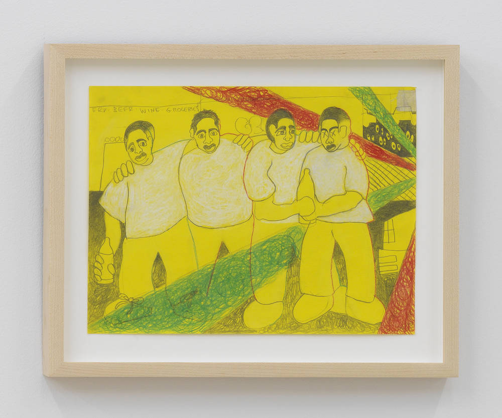 A small abstract drawing  depicting a row of cartoon-like men embracing. The background is primarily yellow. The drawing is in a wood frame. 
