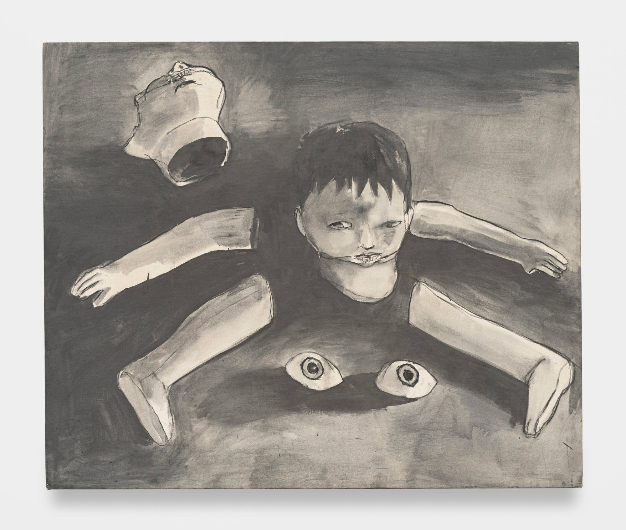 A liquid graphite painting of a dismembered figure of a boy.