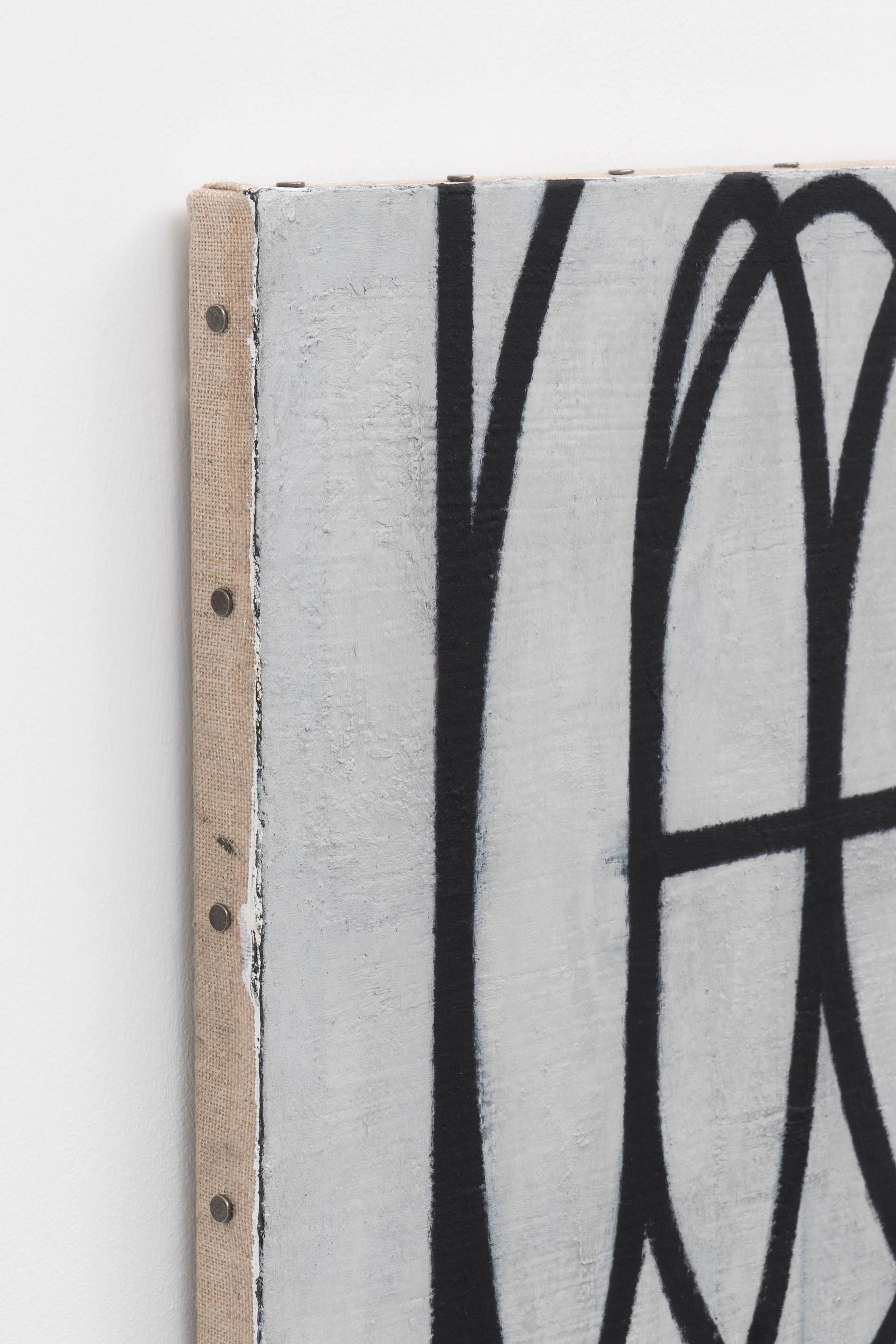 Detail of Ian Miyamura painting depicting the letters "T, A, S, T, E" arranged at different sizes and angles on a light grey background.