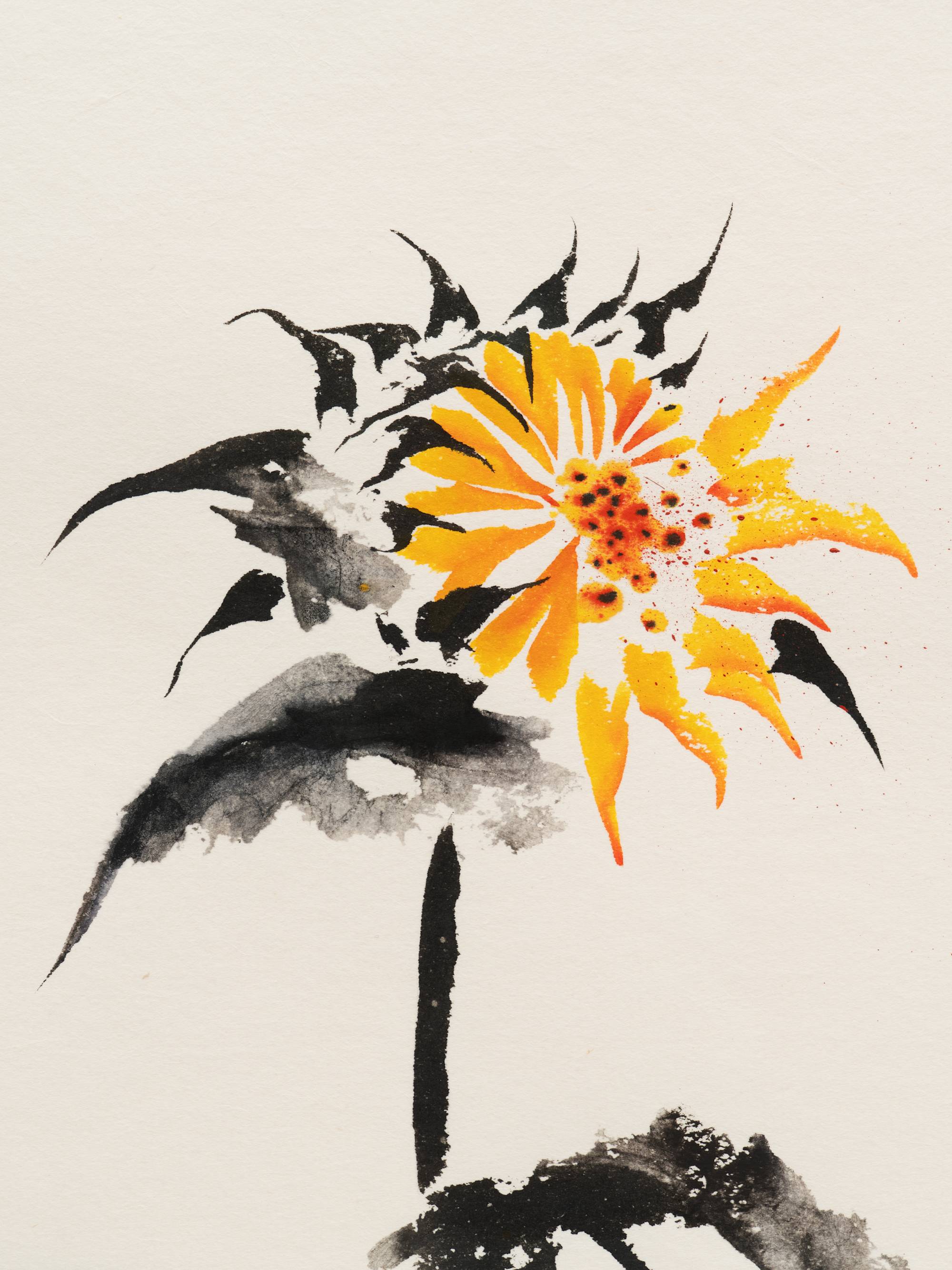 An ink painting of an orange sunflower with black leaves and stem. The flower is centered in the composition but the negative white space of the paper is also prominent. The shot is cropped so that frame is not visible.