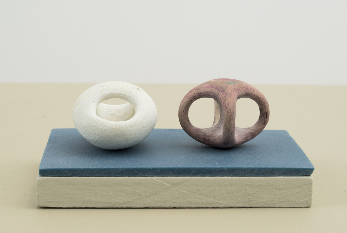 Two miniature, abstract sculptures resembling bone forms or other organic materials resting on top of a blue-tined plinth with a white wall partially in view. 