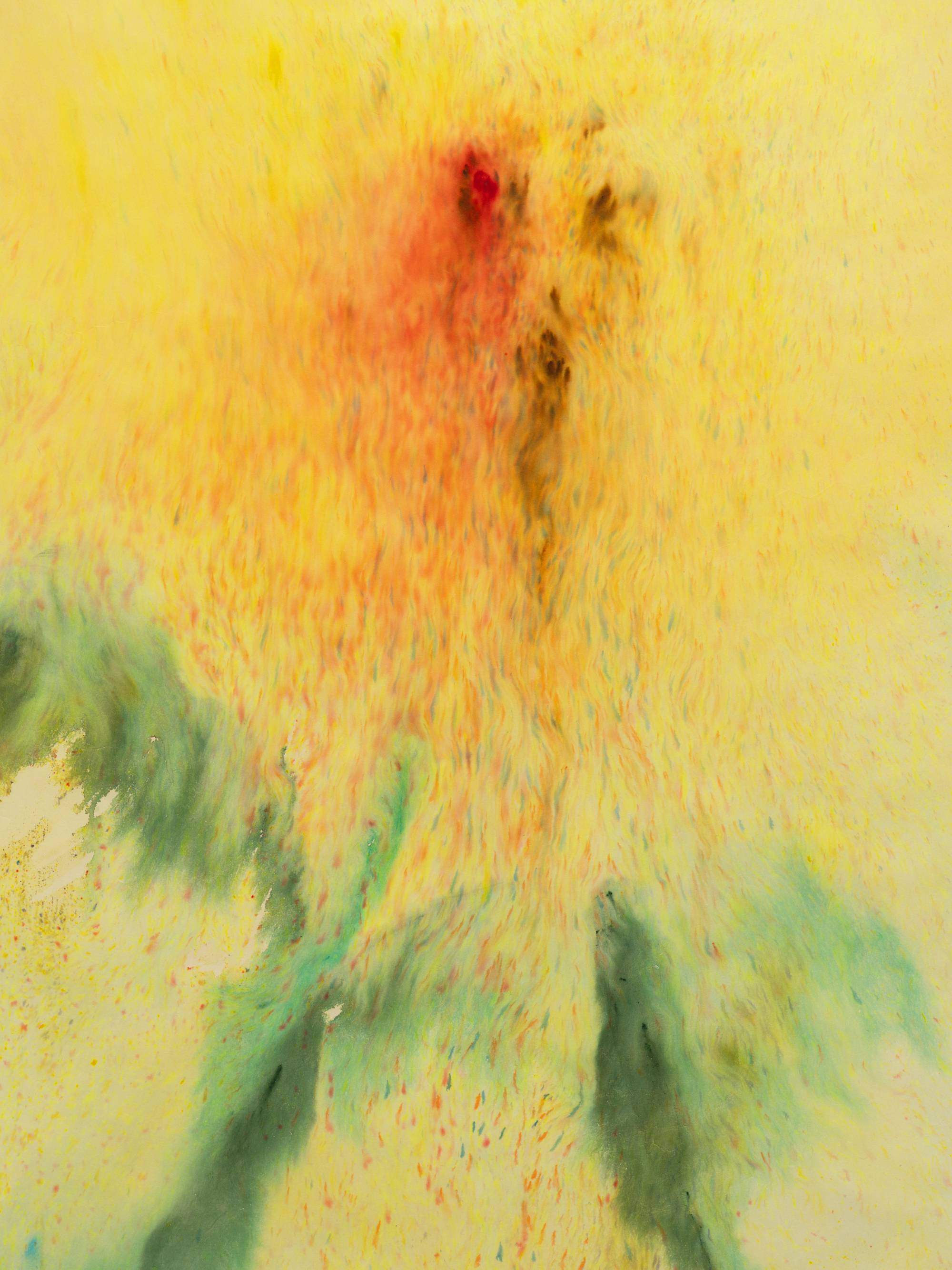 An ink painting of a yellow sunflower with two cool green leaves and a stem. The sunflower is rendered in blurry and imprecise brushwork; its petals diffuse into the yellow of the background. The center of the sunflower has concentrations of red and brown color; dots of these same colors emanate from the center across the composition.