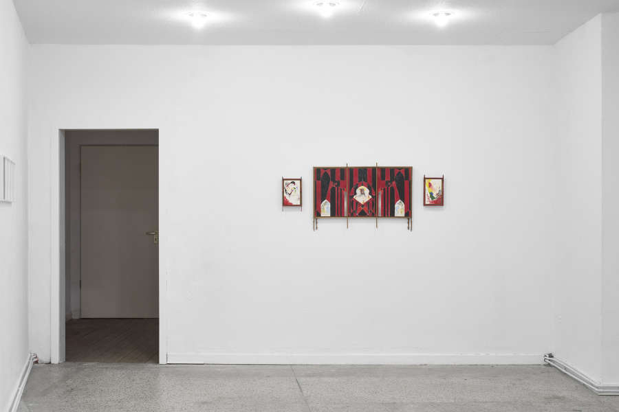 Image of artworks installed in our new Cologne gallery, ECHO, with the inaugural exhibition NEW MEMORIES on view. On the right of the wall are three drawings by Harry Gould Harvey IV.