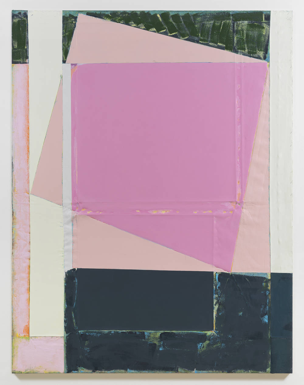 A large abstract painting consisting of several isolated rectangular forms separated by folds or creases in the canvas. The dominant colors are shades of pink, dark-blue, green, and white. The paint is thickly applied and rough.