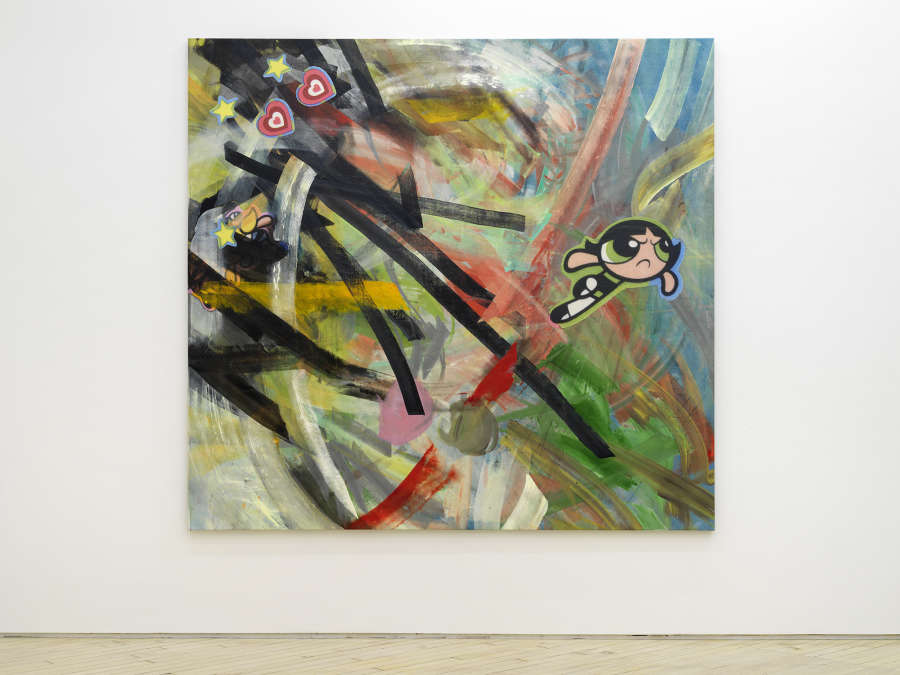 A large square painting depicting a series of abstract gestural marks in a range of hues of black, red, green, yellow, and blue. There is flying cartoon character in the top right portion of the painting.