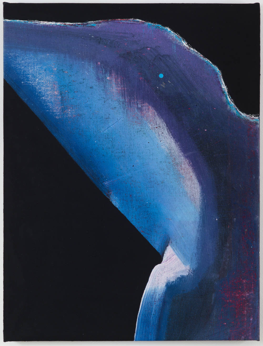 Oil on canvas painting depicting an abstract interpretation of a whale, only showing its head, against at black background.