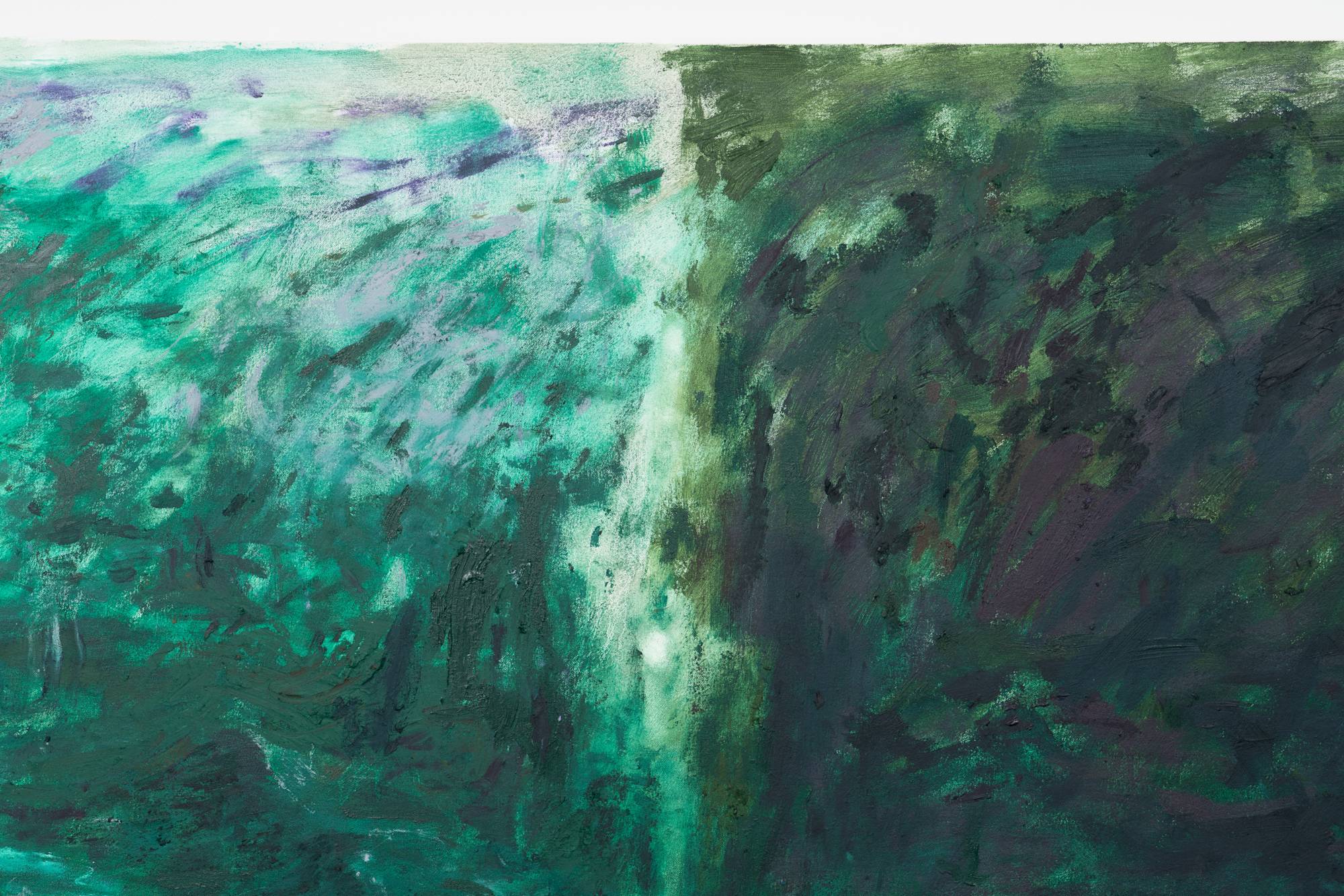 Detail of a large green abstract painting depicts two vertical seascapes. The right side being the darker of the two. At the center of the bottom of the frame, a page from a notebook with a colorful drawing of a horse looking off into a distant landscape is pasted to the canvas.