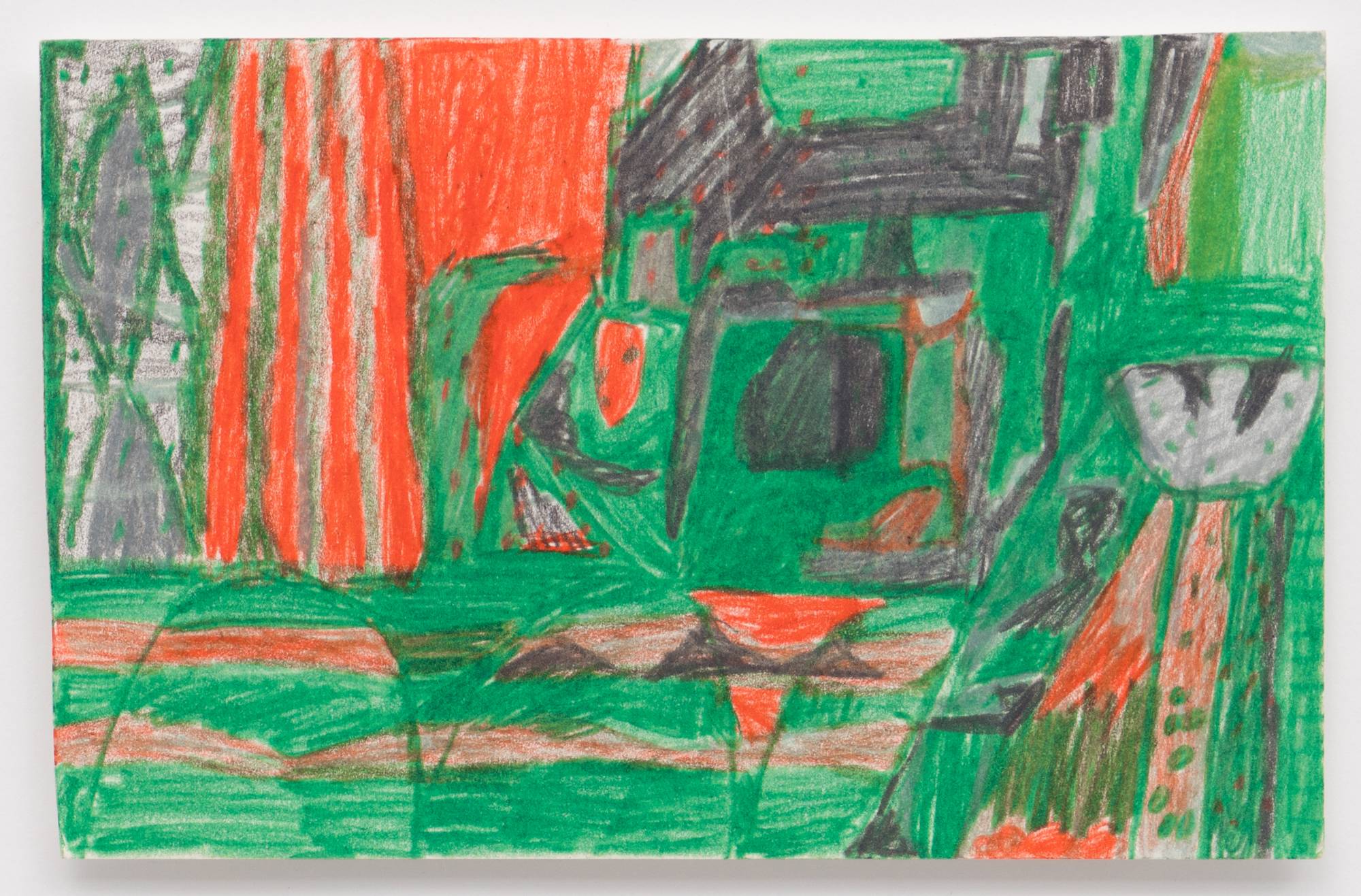 Detail of abstract Cathy Lebowitz colored pencil drawing featuring various shapes of green, red, and grey.