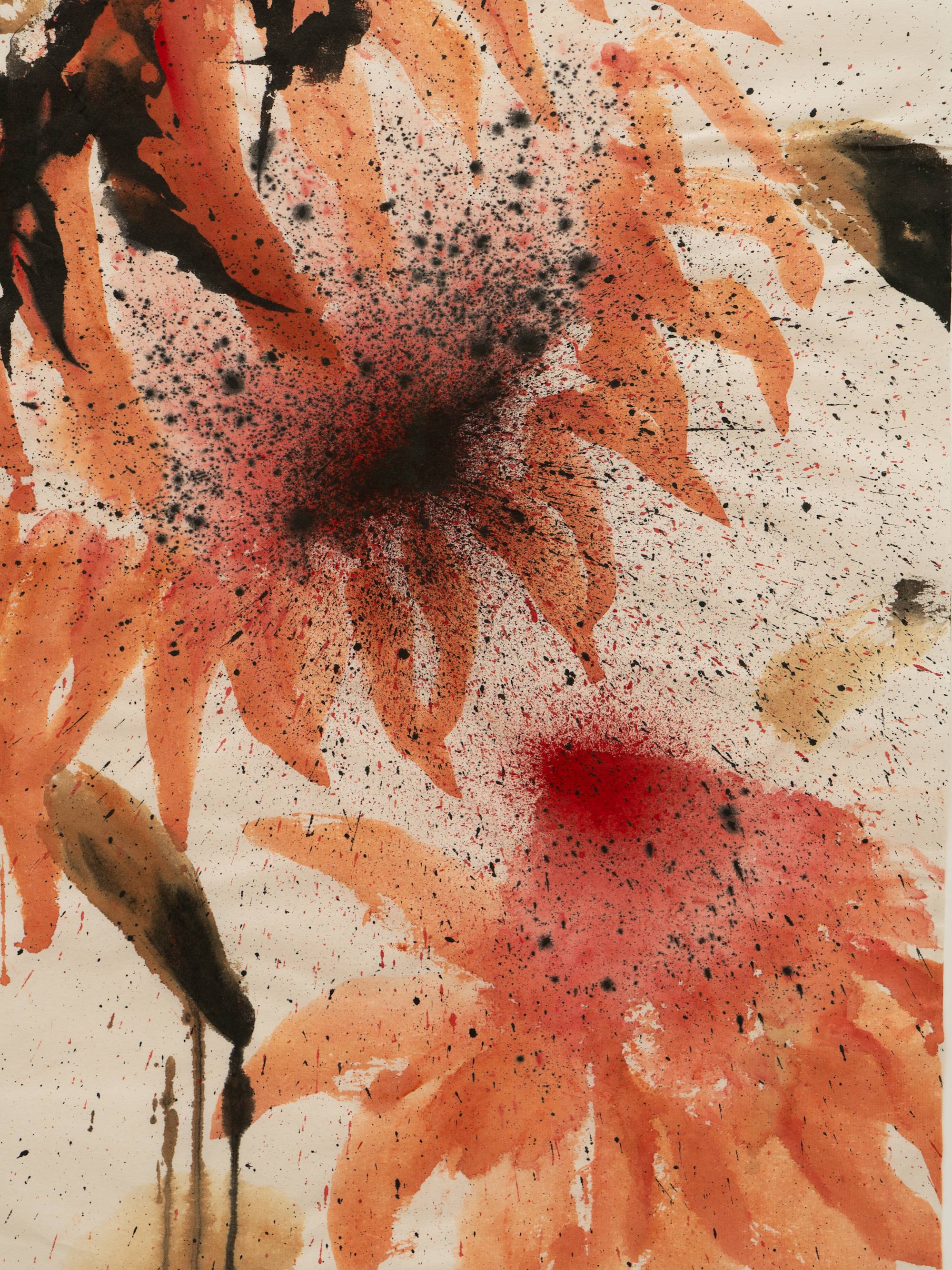 A vertically oriented close-up of an ink painting on off-white paper, depicting two orange sunflowers: one at the top of the composition, bending towards a smaller flower in the bottom right of the composition. The head of the larger flower is surrounded by black leaves, and it has a black and red center. The smaller flower has a red center. The close up focuses on the two centers of each flower and the space where they meet.