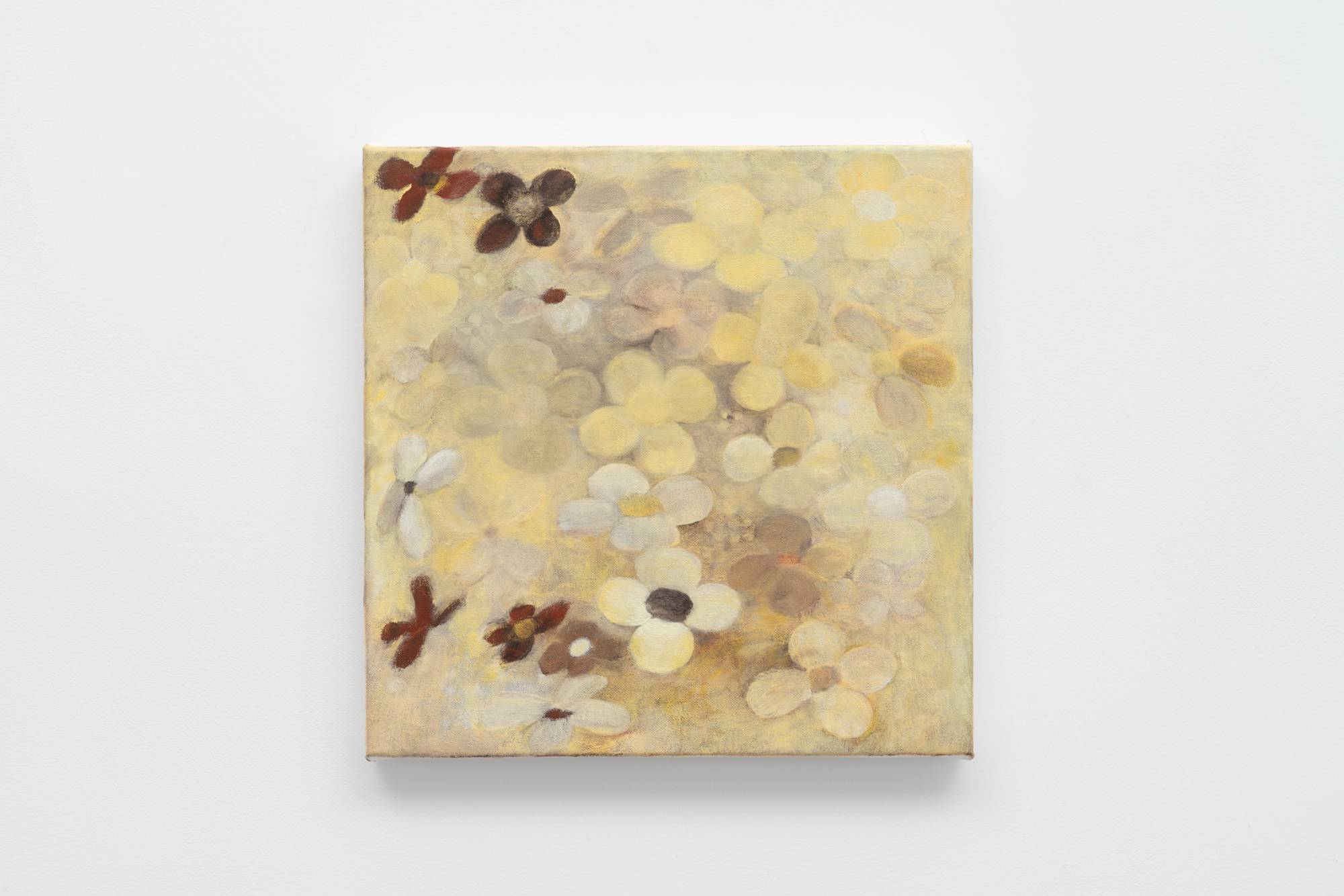 An abstract painting rendered primarily in yellowish-brown hues depicting flowers.