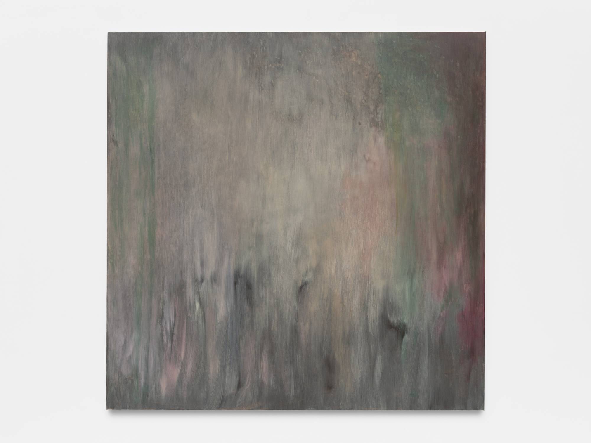 A square abstract painting with successive layers of white over a loosely applied umber underpainting. You can see the detail
in the brown layer through the paint. Purples, magentas, lapis lazuli, greens, yellows, all layer over or emphasize the monochrome under layers.