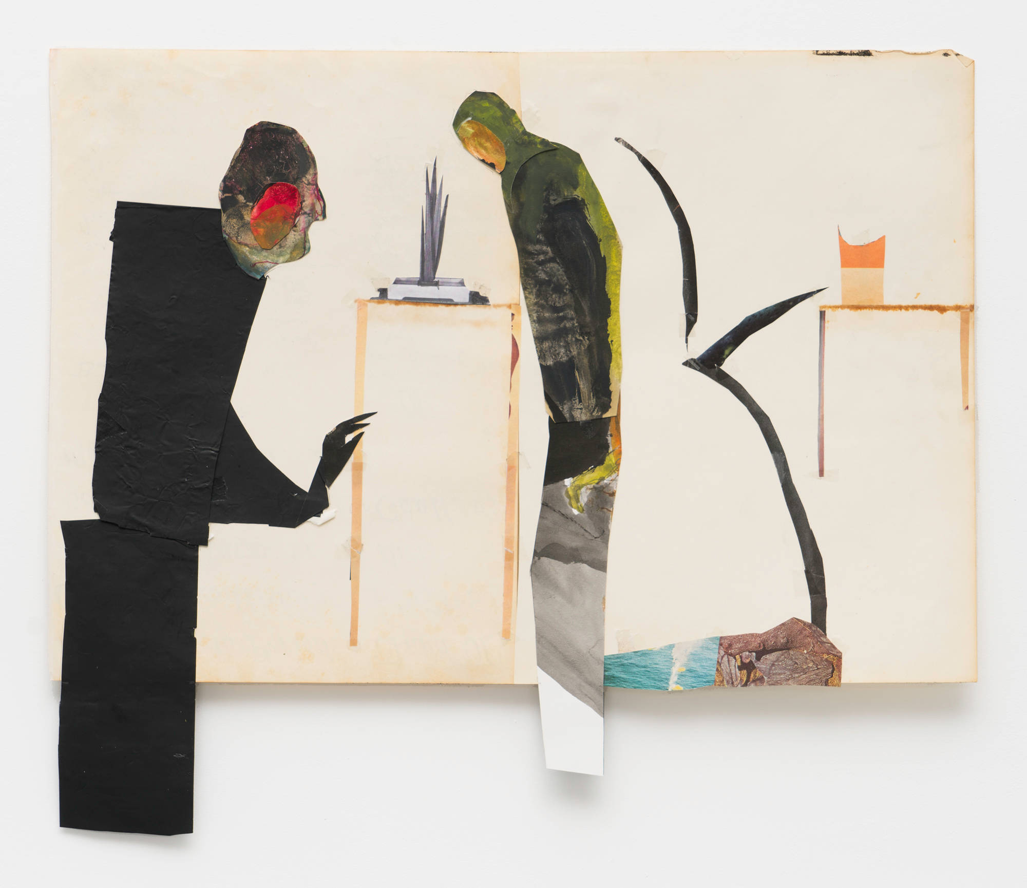A collaged paper artwork depicting two figures facing each other at different scale, leaning over a table. The figure on the left extends below the bottom edge of the background paper.