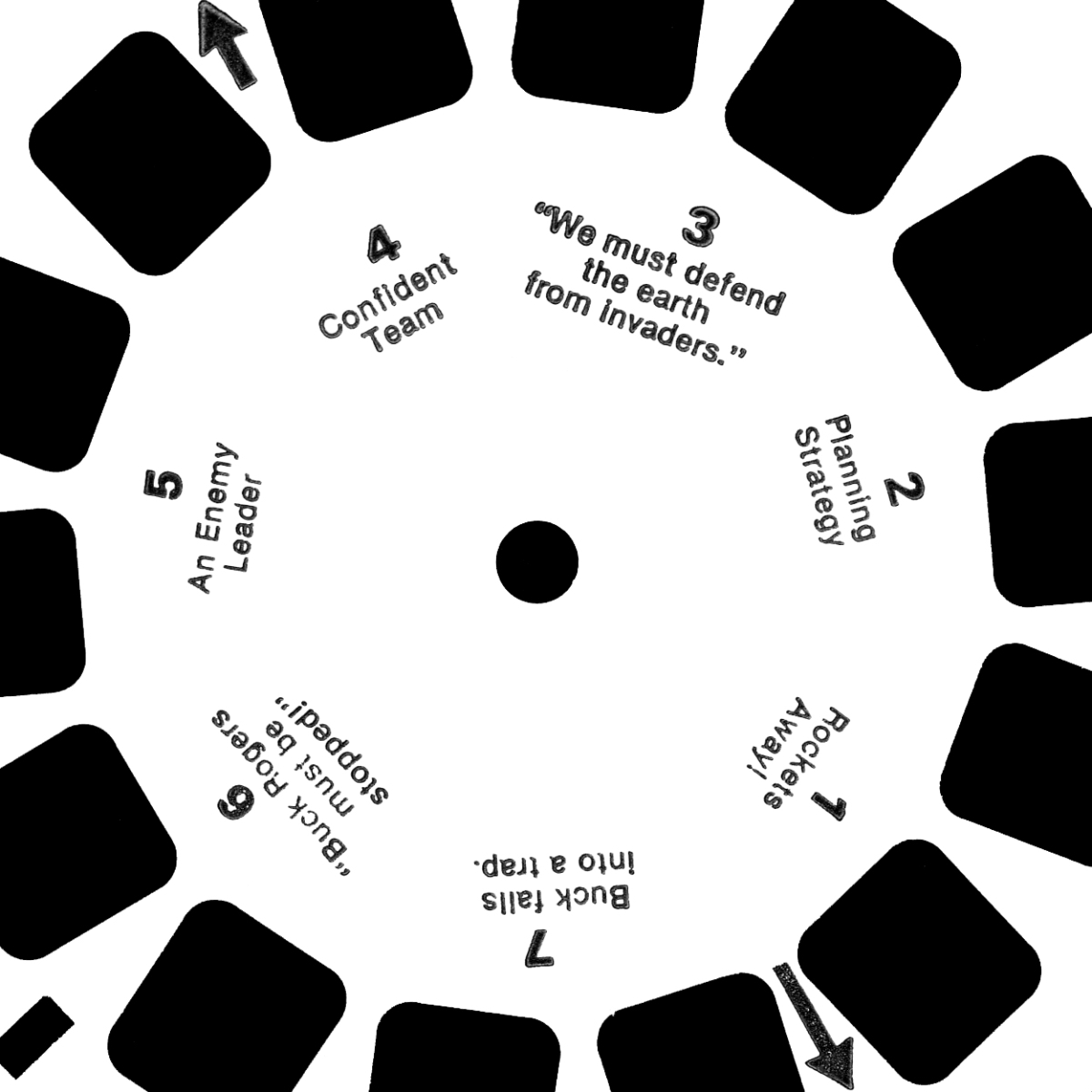 Large photographic image of black and white patterns made from scanning view master slides - this one from the Buck Rogers series: radial black rounded squares form an outer circle, and inside a numbered list from 1-7 circles a central small circle, each number has a caption, starting at the top right with 3: 'We must defend the Earth From Invaders'.