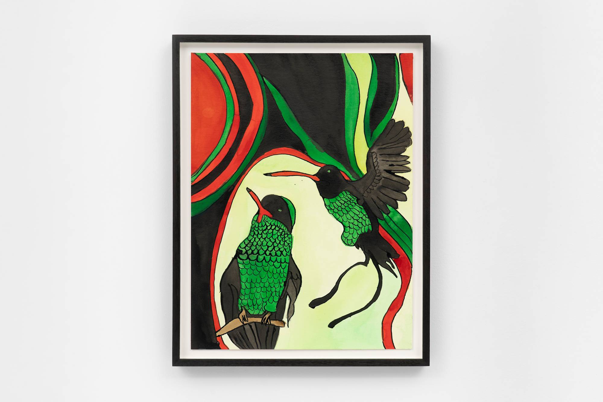 An ink drawing of two humming birds against an abstract background depicted in hues of green, black, yellow, and red, in a dark brown wood frame.