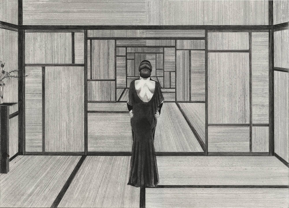 Black and white pen and graphite drawing by Kyung-Me rendered in perspective, of two figures embracing in a maze like room of patterned wall and floor.