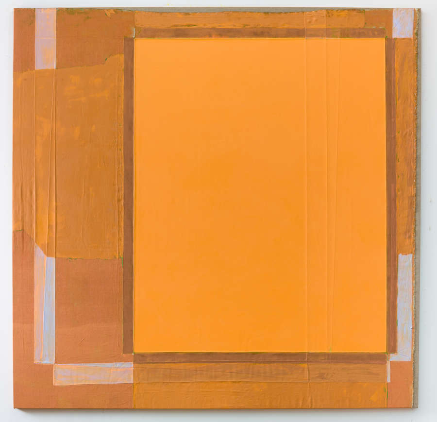 A large abstract painting consisting of several isolated geometric forms with a dominant rectangle in the middle. The painting is mostly orange with a range of brown and grey shades. The paint is thick and rough. 