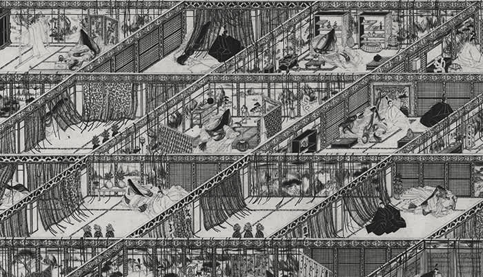 Black and white pen and graphite drawing by Kyung-Me rendered in perspective, showing multiple rooms with curtains dividing them from a birds eye view, there are also figures inside of the rooms.
