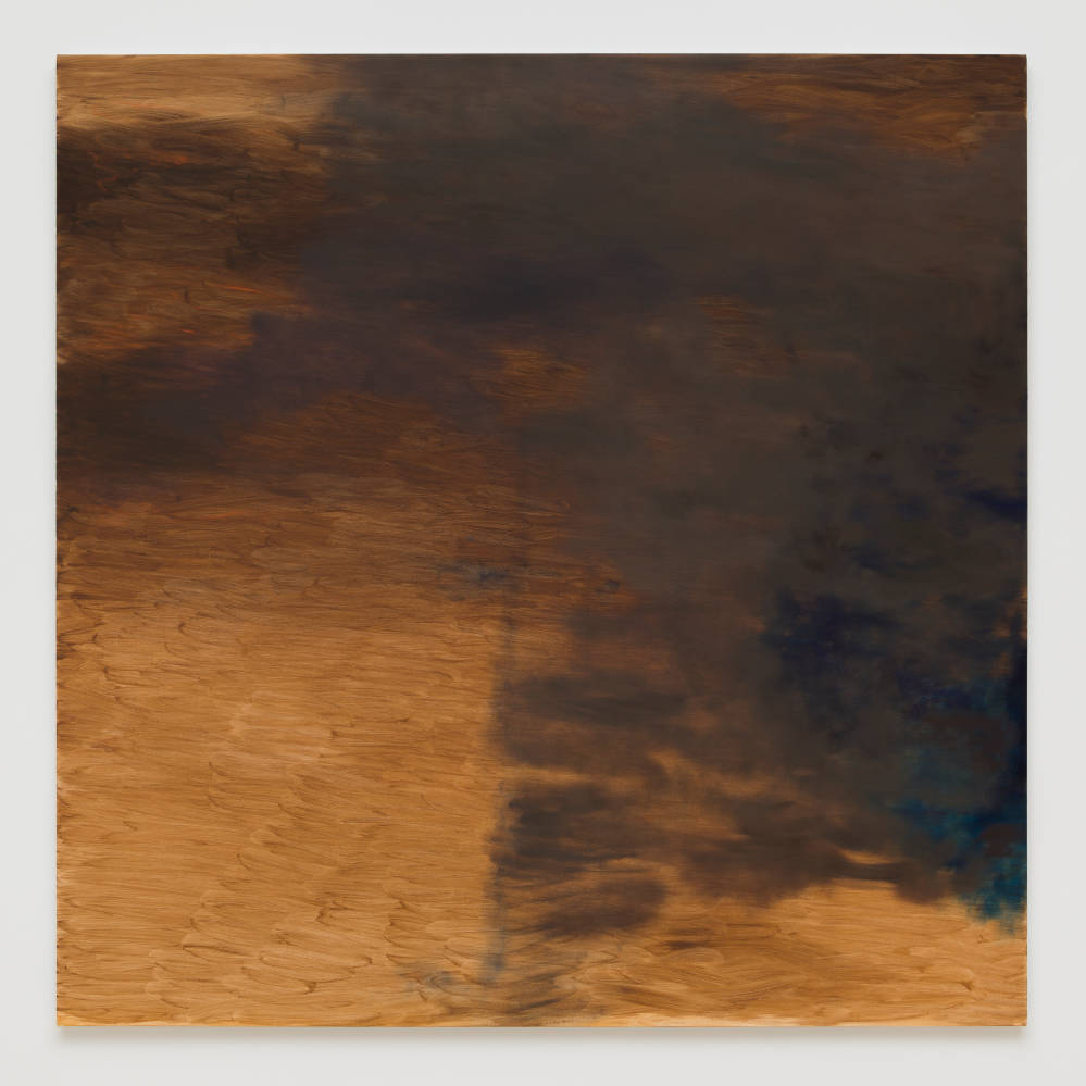 An abstract painting with colors of warm browns and dark blues in a brushy, painterly technique.