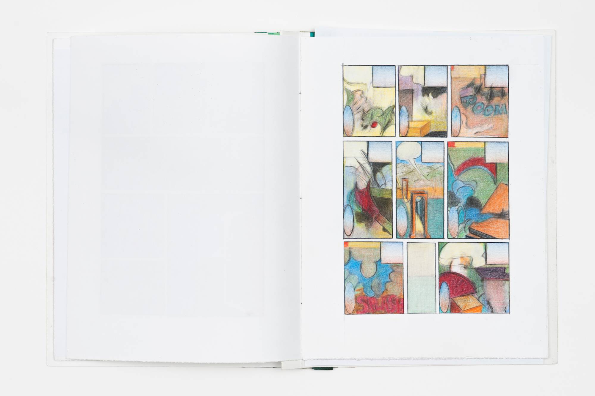 Shot from above, an artist book is spread open to a page containing a series of colored pencil drawings in the format of a comic book.