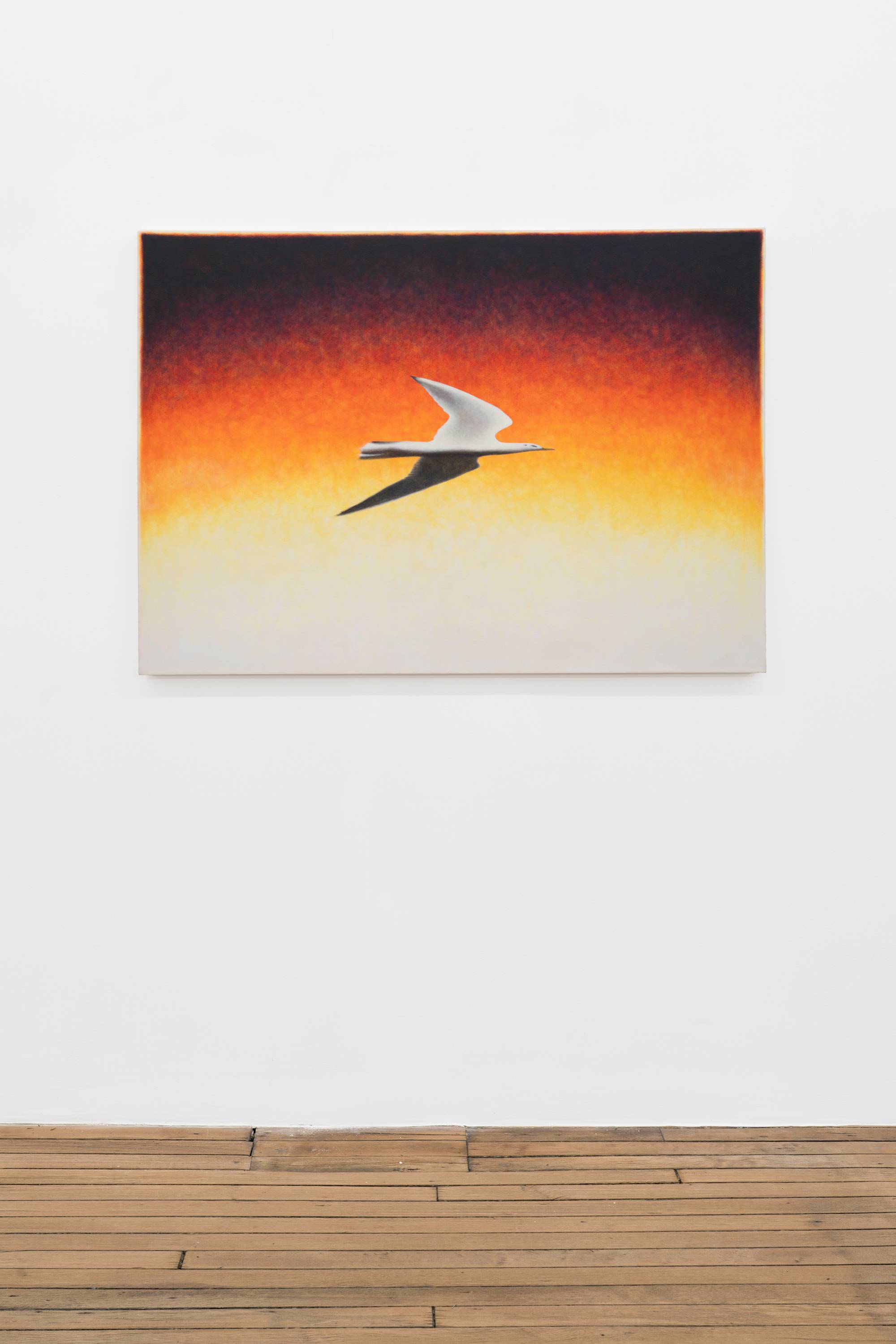 Ian Miyamura painting depicting a stretched seagull flying to the right against an orange gradient stippled background hangs in a gallery above a wood floor.