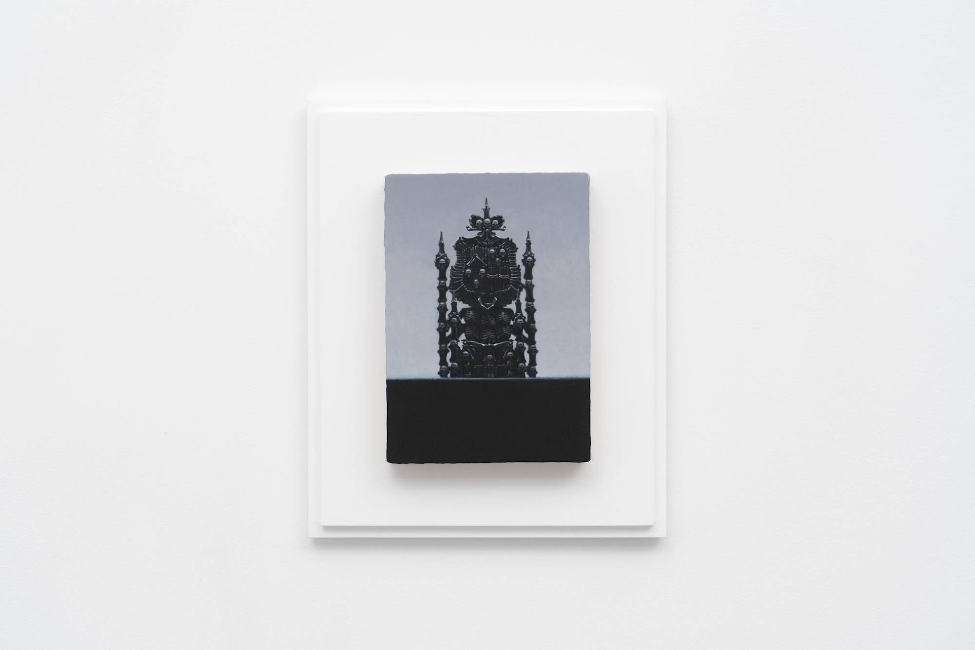 Ian Miyamura painting depicting a throne of skulls against a light grey background. The painting is mounted to a white frame made by the artist.
