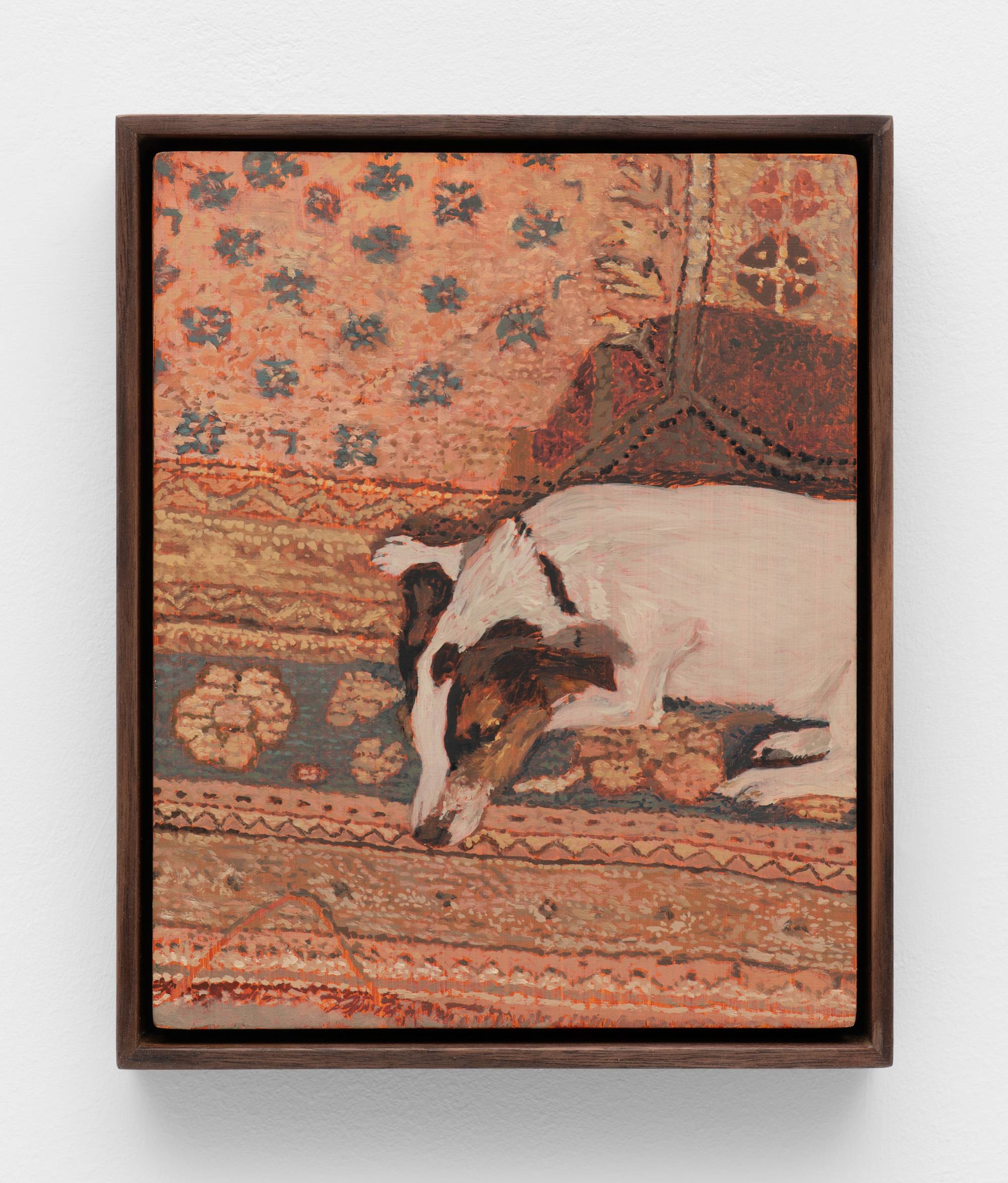 A painting framed in dark wood depicts a dog with white and brown markings lying on a patterned rug. The rug features floral motifs and geometric borders in shades of orange and blue.