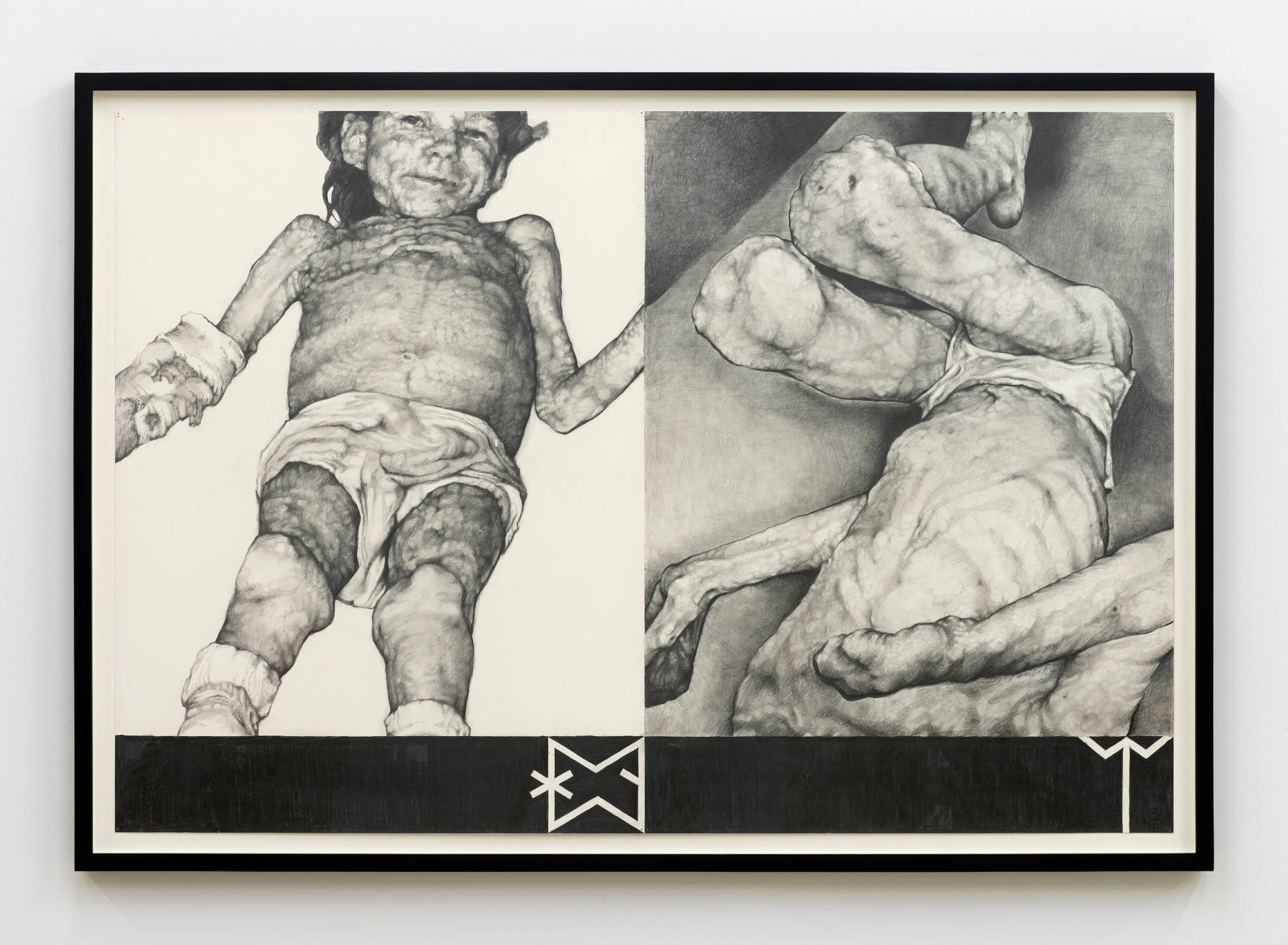 A framed graphite drawing of two small children possibly dead.
