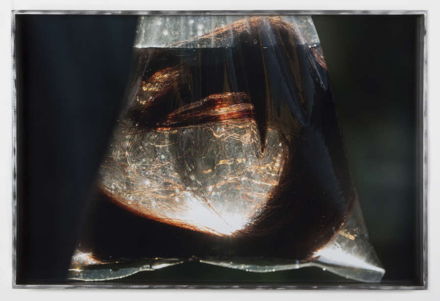 A clear plastic bag filled with water hangs in front of the camera, lit from behind, showing an eel like mass made of hair suspended in the bag.
