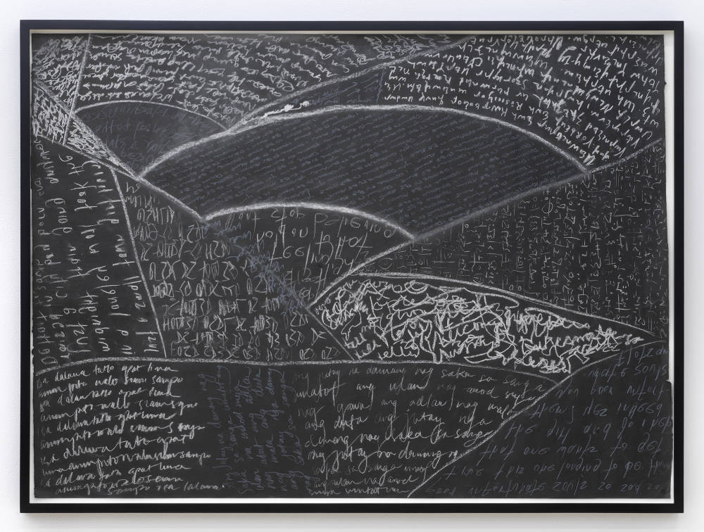 In a black frame, a series of handwritten texts in abstracted windows written in white. The paper is irregularly shaped. 