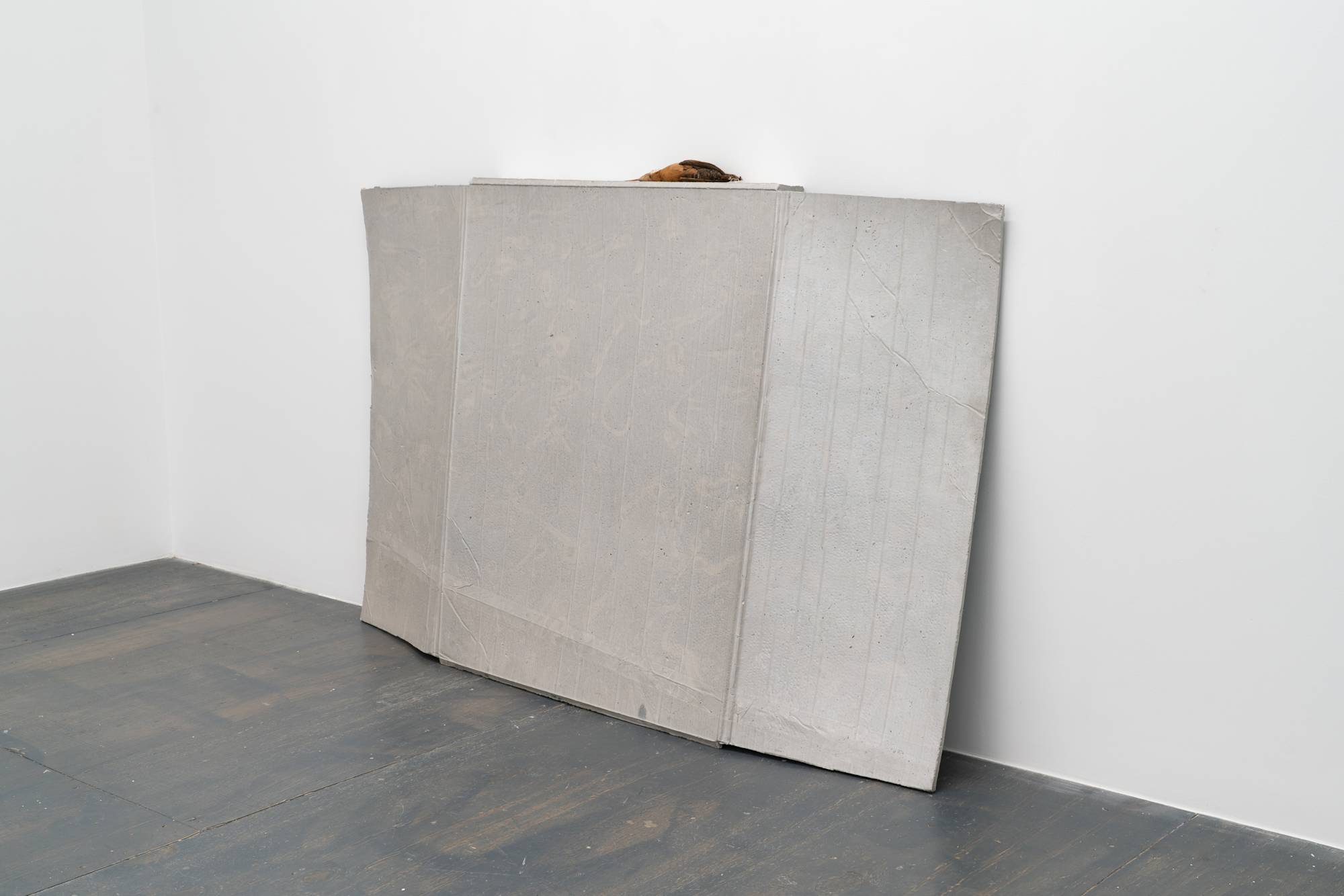 3/4 view of Liz Magor sculpture featuring a silver polymerized gypsum cast of a cardboard sheet and antique taxidermied bird.