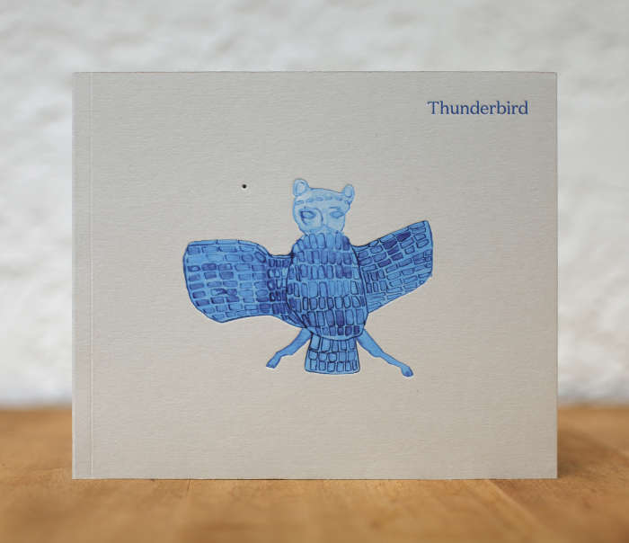Image of book by Christine Rebet with a gray cover and a blue ink drawing of a bird creature embossed at the center of the books cover. The word "Thunderbird" is printed in the top right corner.