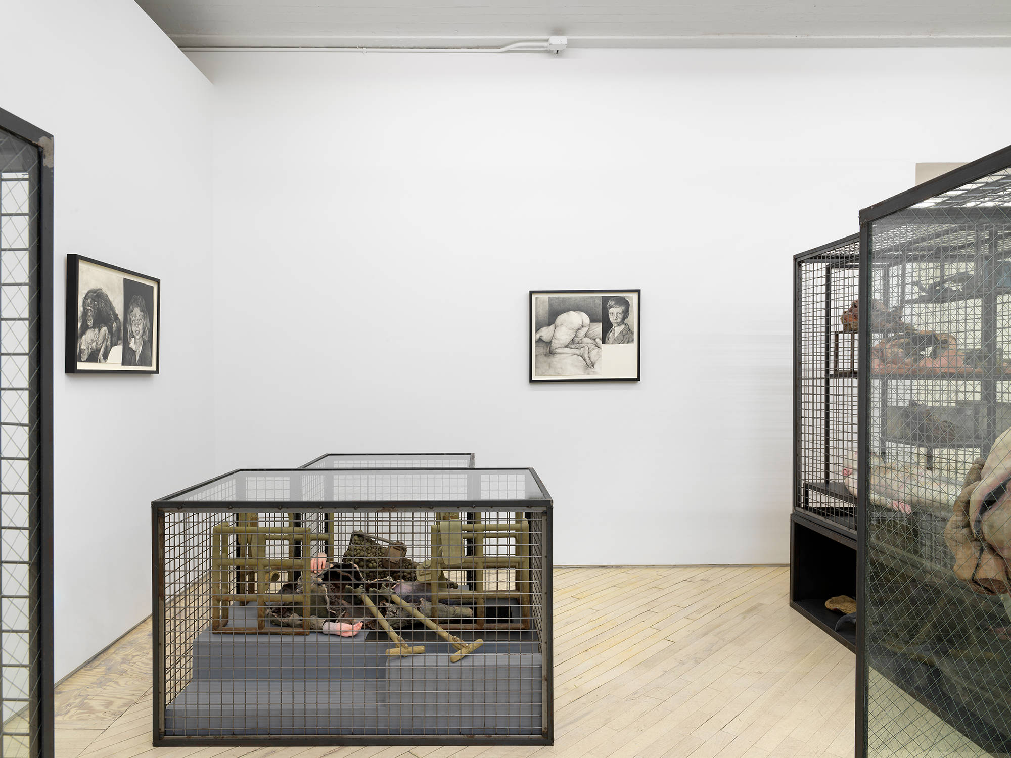 A gallery space filled with many large iron sculptures resembling cages. The walls are lined with framed graphite drawings of animals and humans.