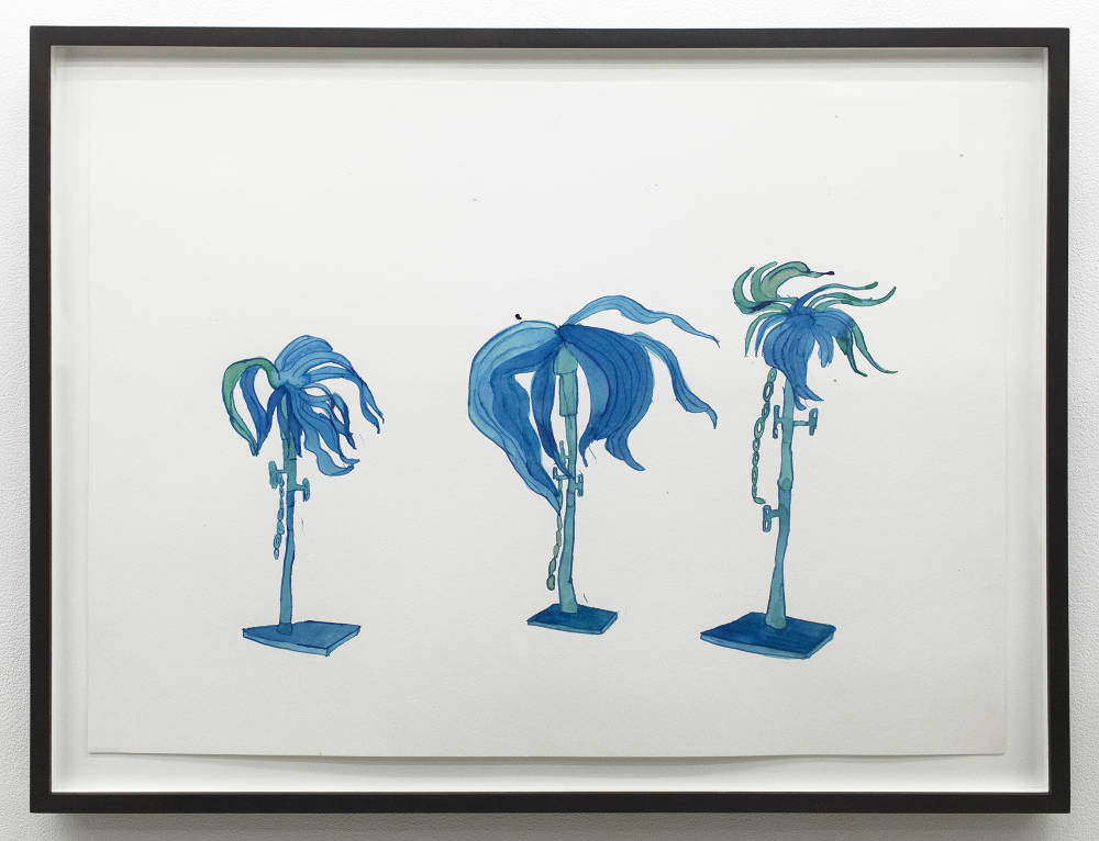 Image of an ink drawing on paper by Christine Rebet depicting objects against a white background rendered in blue ink. These objects appear to be interpretations of three palm trees billowing in the wind.
