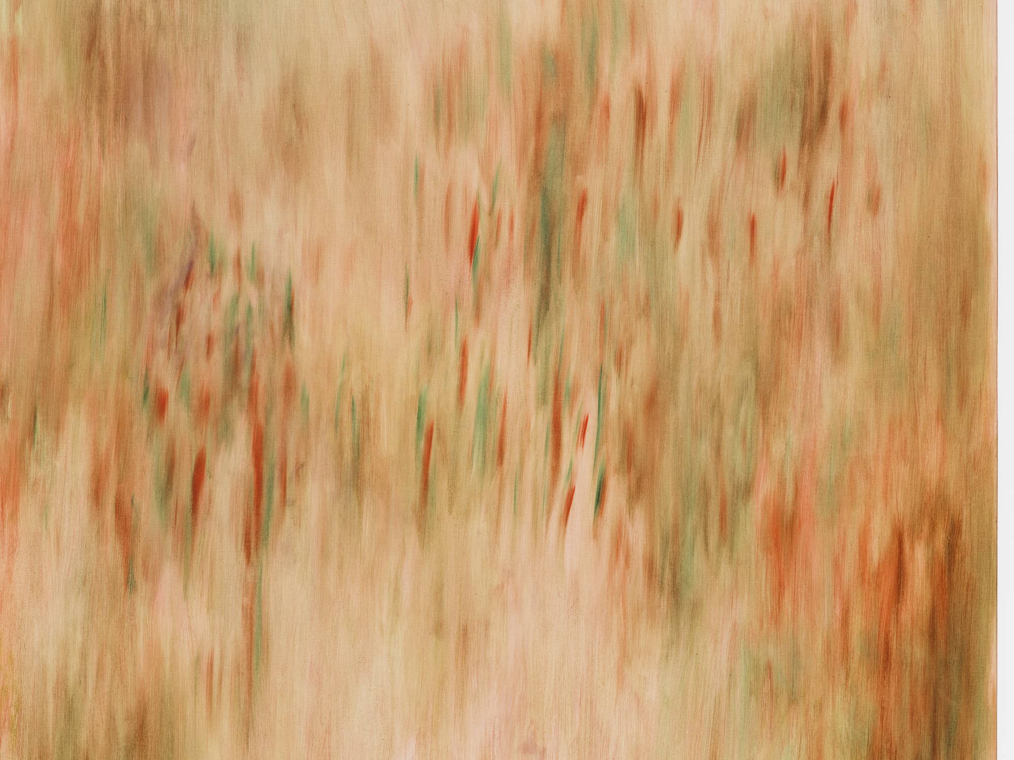 Detail of a large square abstract painting with a brushy yellow and pink underpainting with red, and green accents.