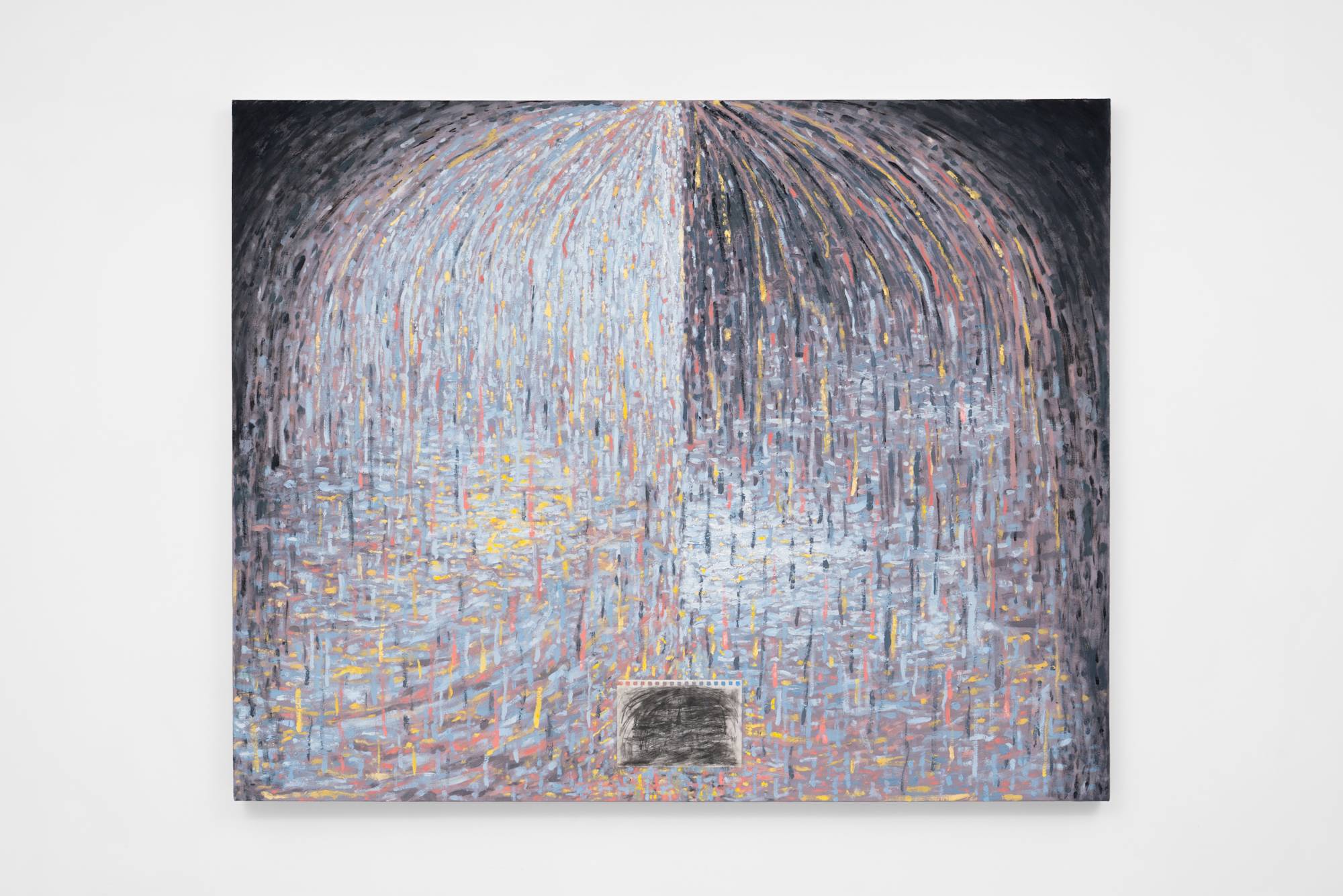 Thiang Uk, The Crystal Gazer, 2025, Collaged charcoal drawing on paper on oil on canvas, 48 × 60 in. (121.92 × 152.40 cm)