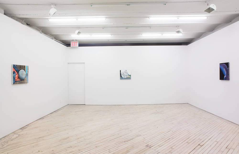 Installation view of 3 small paintings in the main gallery - one small painting on each wall, left, center and right.