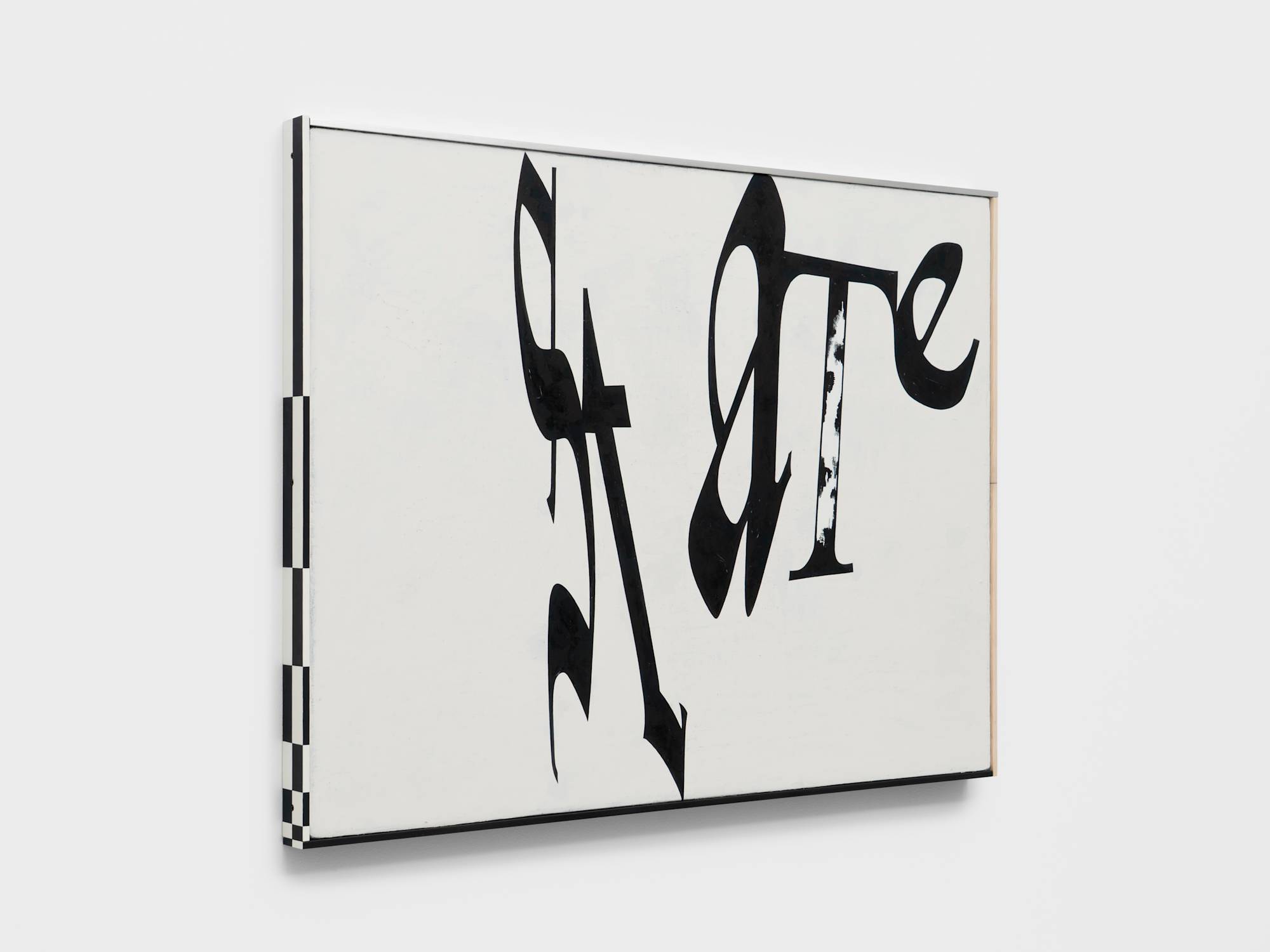 Minimal monochromatic white painting spelling out the word "state" in black-letter font. The painting is framed in a custom checkerboard artist frame.