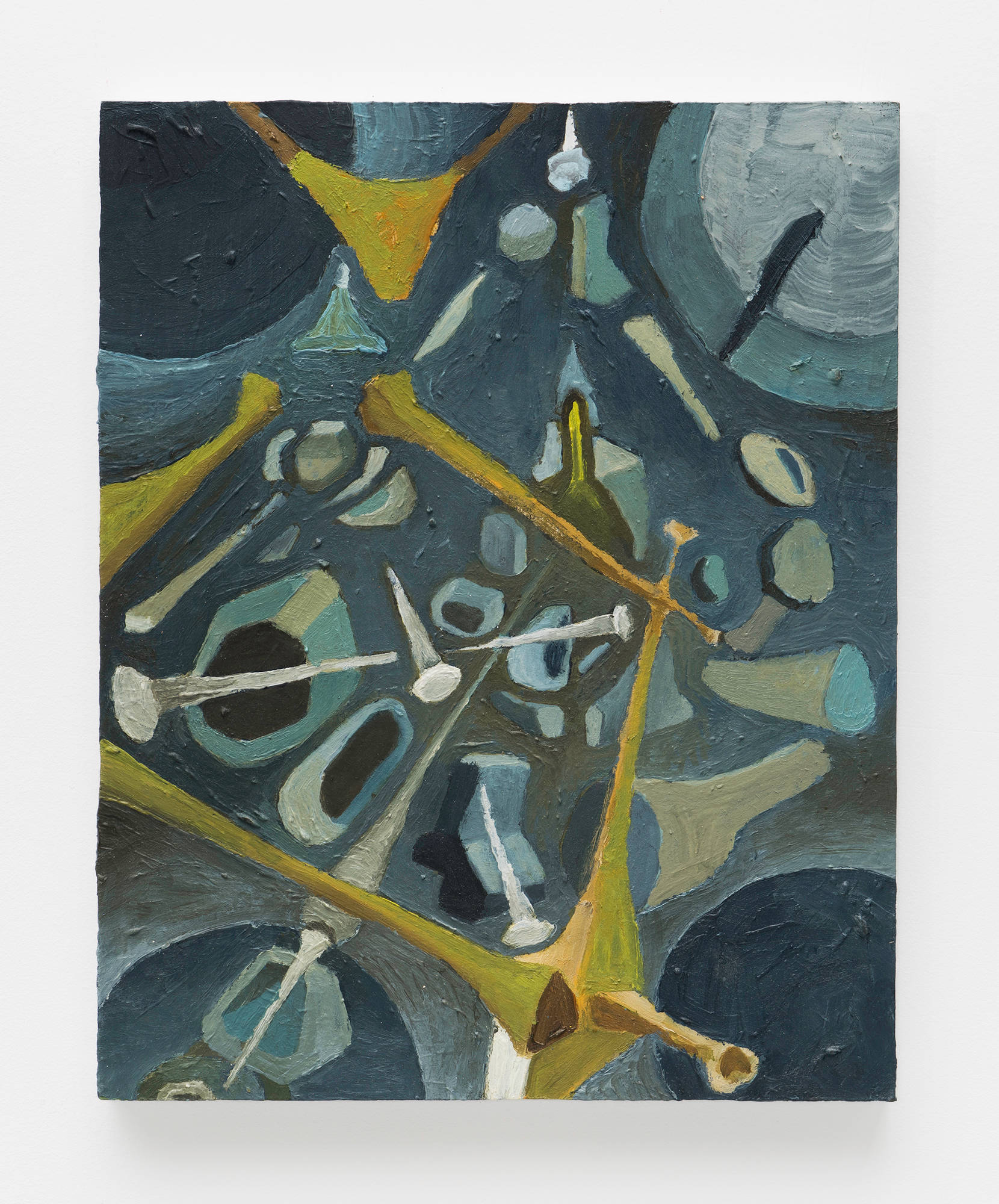 A detail of a small abstract painting by Matt Hoyt. The paint is built up in many layers and highly textured. Yellows, greys, and blues depicts a swirl of different shapes emanating from an unknown void.