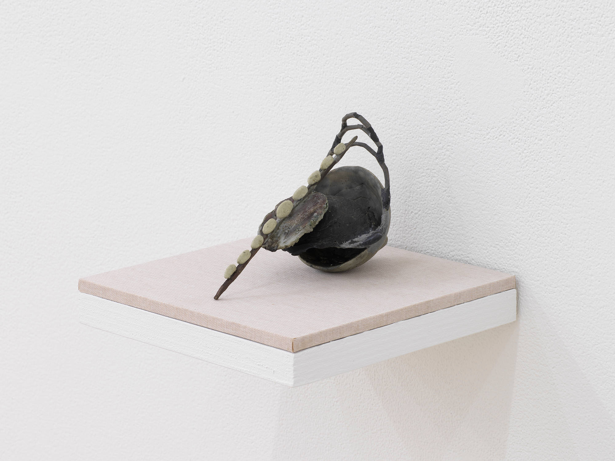 A small abstract sculpture resembling a kind of fossil, prehistoric tool, instrument, or combination of organic materials. The object is primarily gray and resting on a shelf with a tan base attached to a white wall.