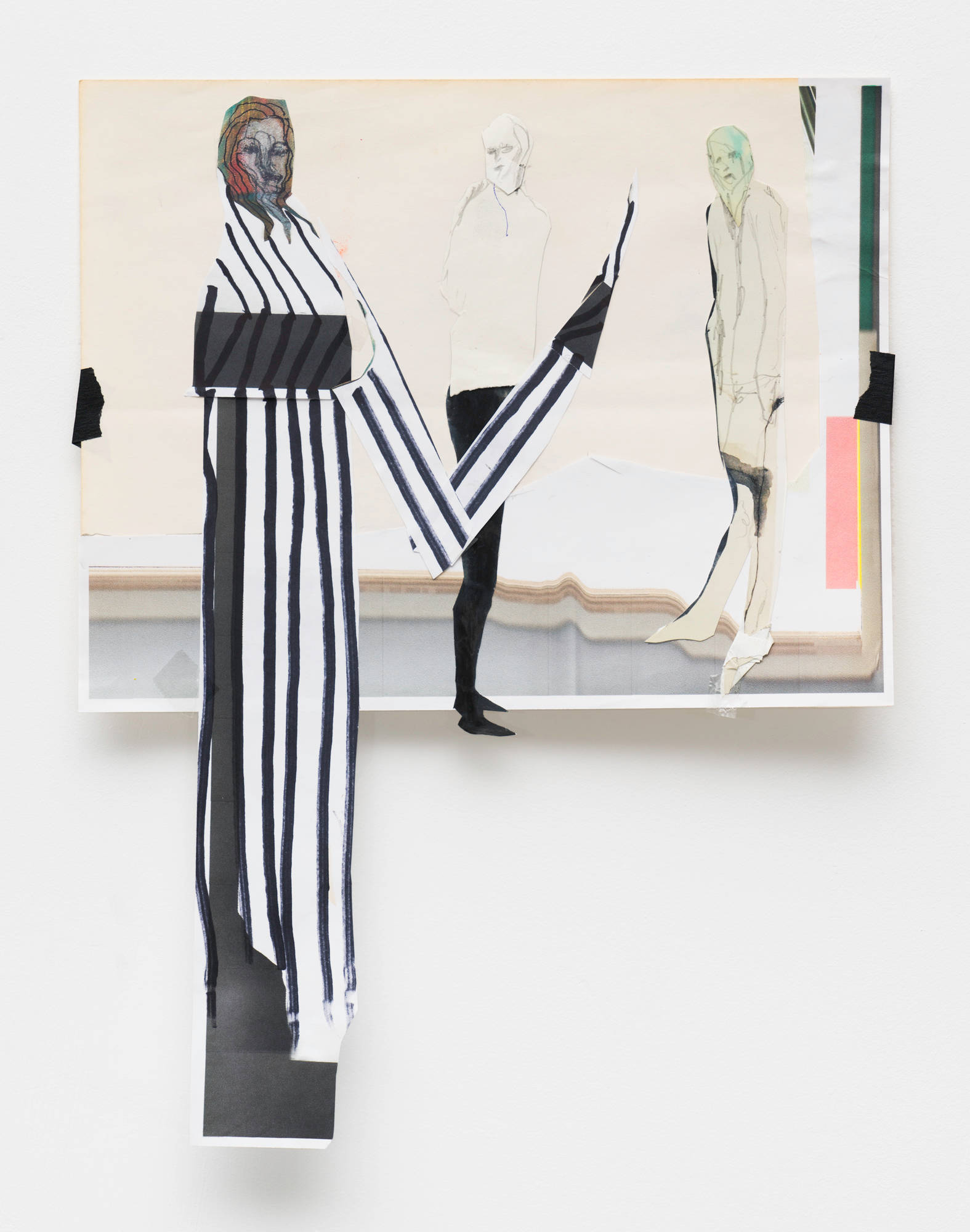 A paper collage of three figures against an abstract, inkjet printed backdrop. The figure on the left, in black and white striped clothes, extends below the bounds of the backdrop.