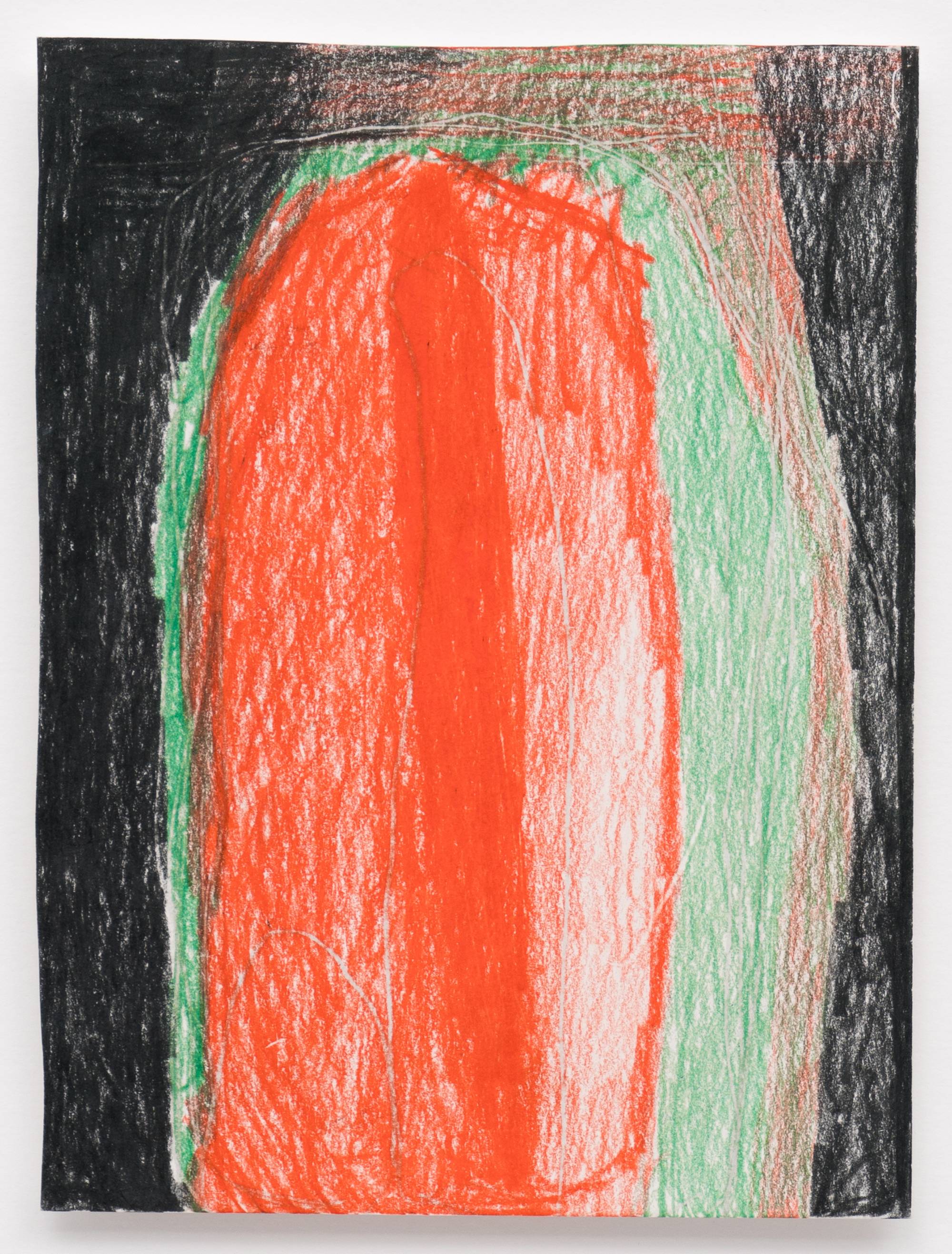 Detail of Cathy Lebowitz abstract colored pencil drawing featuring a monolithic egg shape occupying much of the frame rendered in green, black, and red.